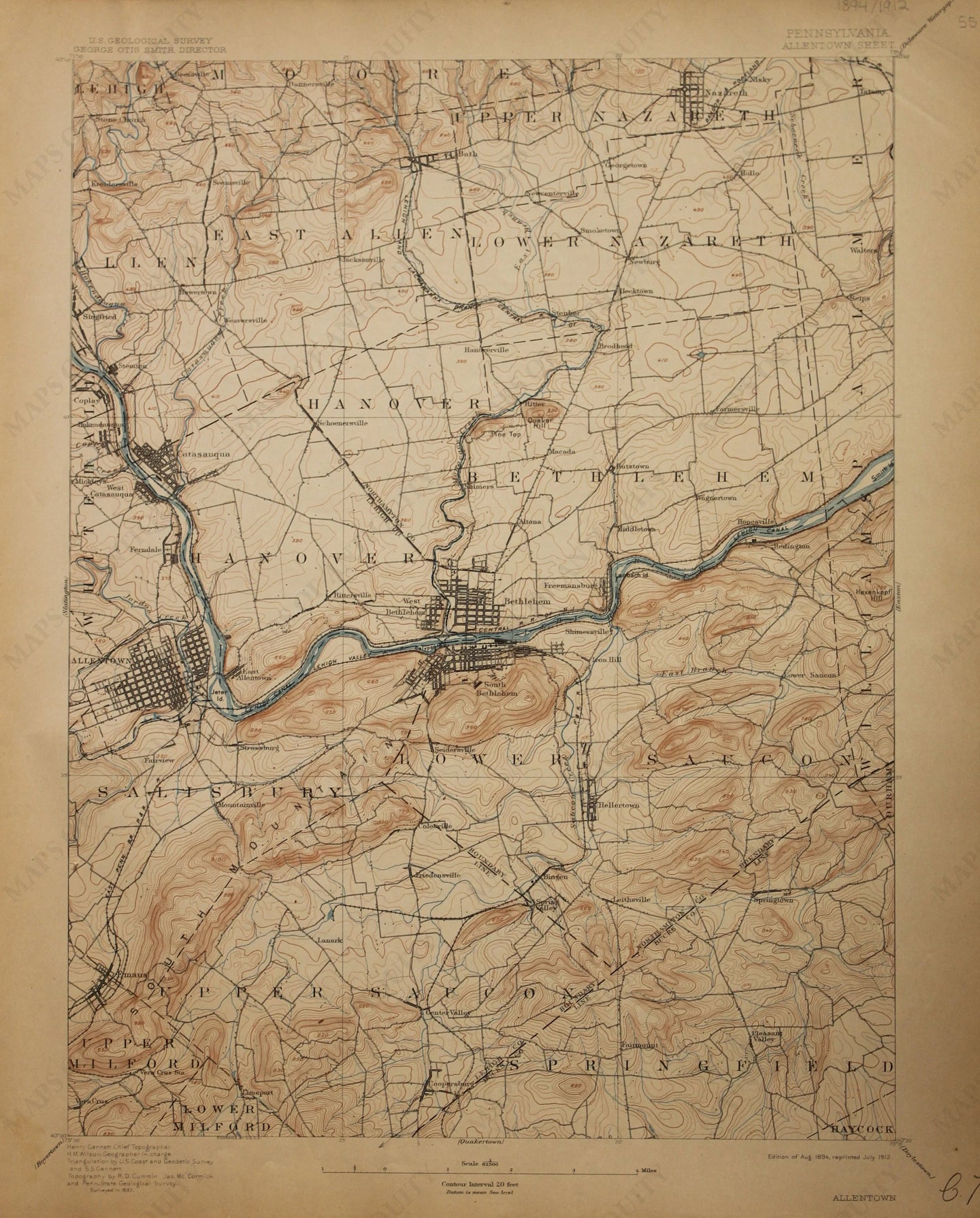 Genuine-Antique-Map-Allentown--Pennsylvania--1912-U-S-Geological-Survey--Maps-Of-Antiquity