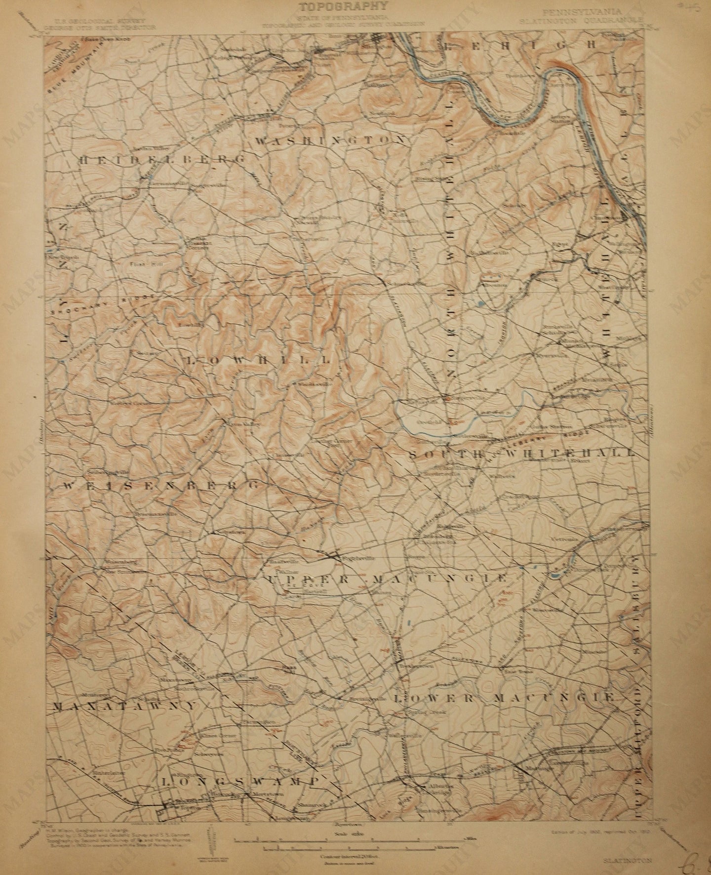 Genuine-Antique-Map-Slatington--Pennsylvania--1912-U-S-Geological-Survey--Maps-Of-Antiquity