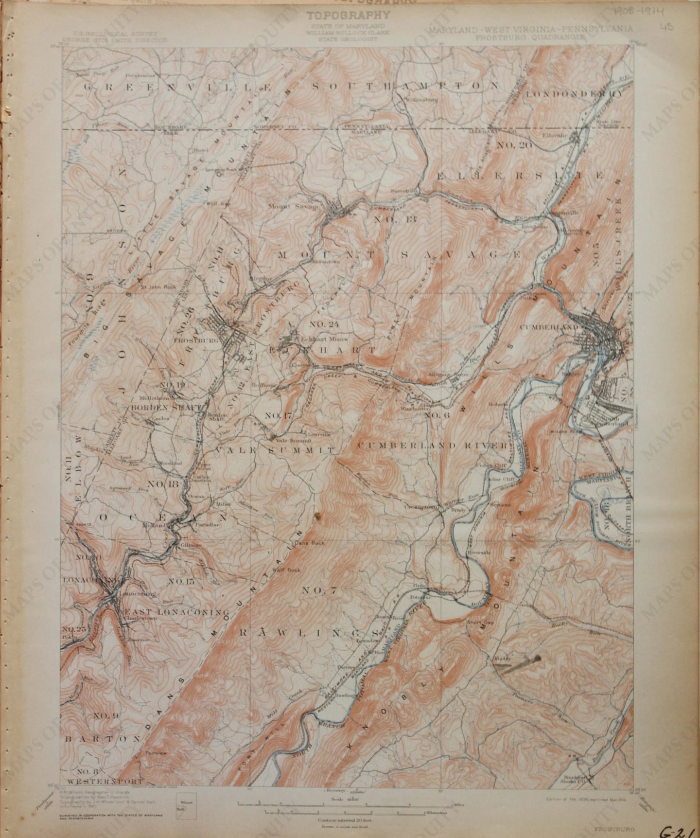 Genuine-Antique-Map-Frostburg--Maryland-West-Virginia-Pennsylvania--1914-U-S-Geological-Survey--Maps-Of-Antiquity