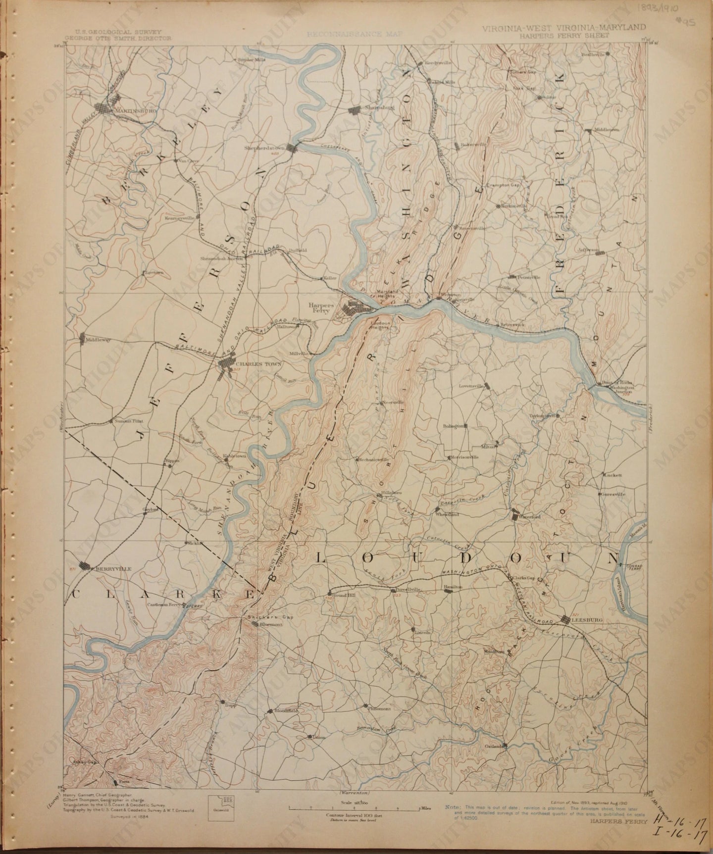 Genuine-Antique-Map-Harpers-Ferry--Virginia-West-Virginia-Maryland---1910-U-S-Geological-Survey--Maps-Of-Antiquity