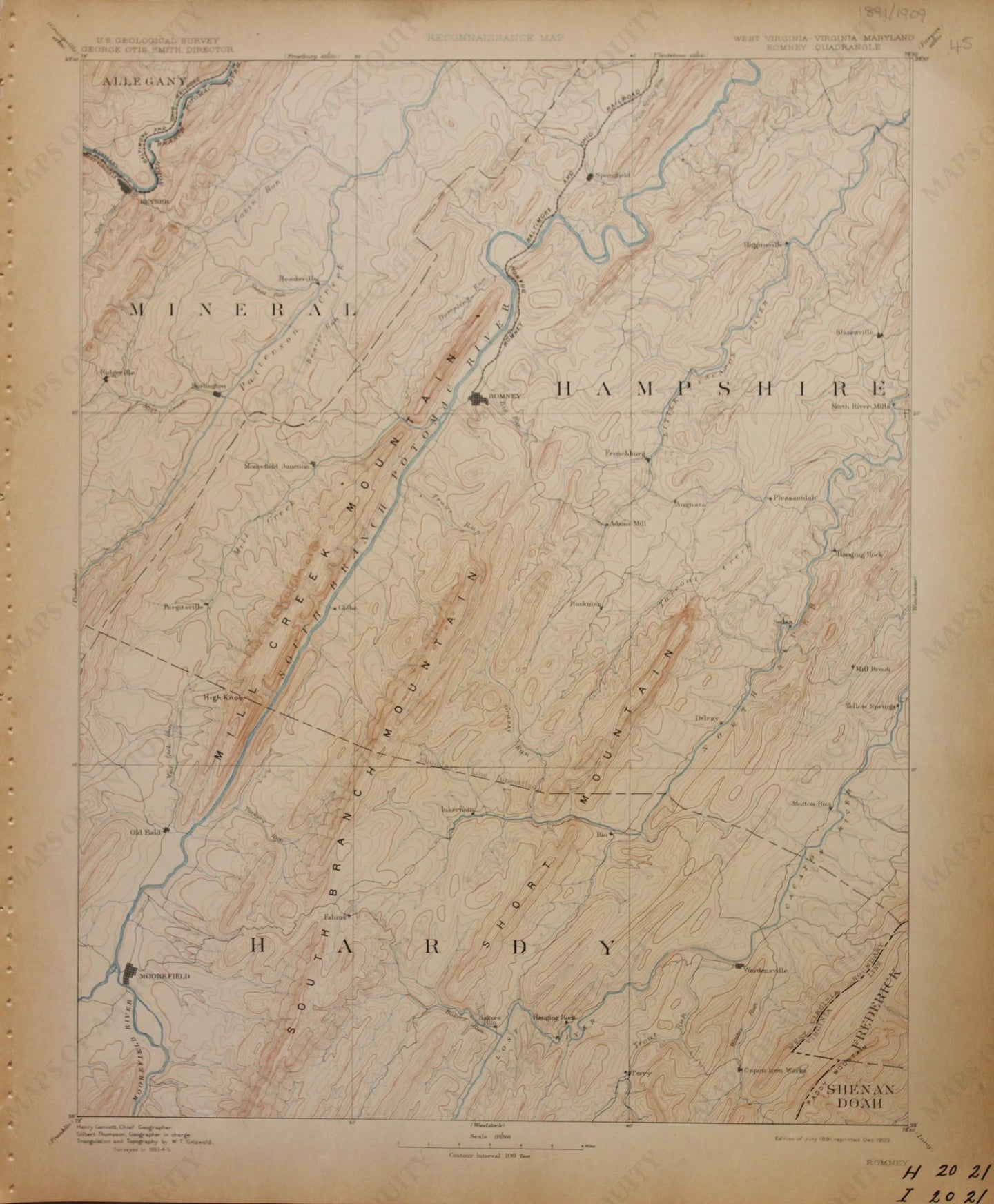 Genuine-Antique-Map-Romney-West-Virginia-Virginia-Maryland--1909-U-S-Geological-Survey--Maps-Of-Antiquity