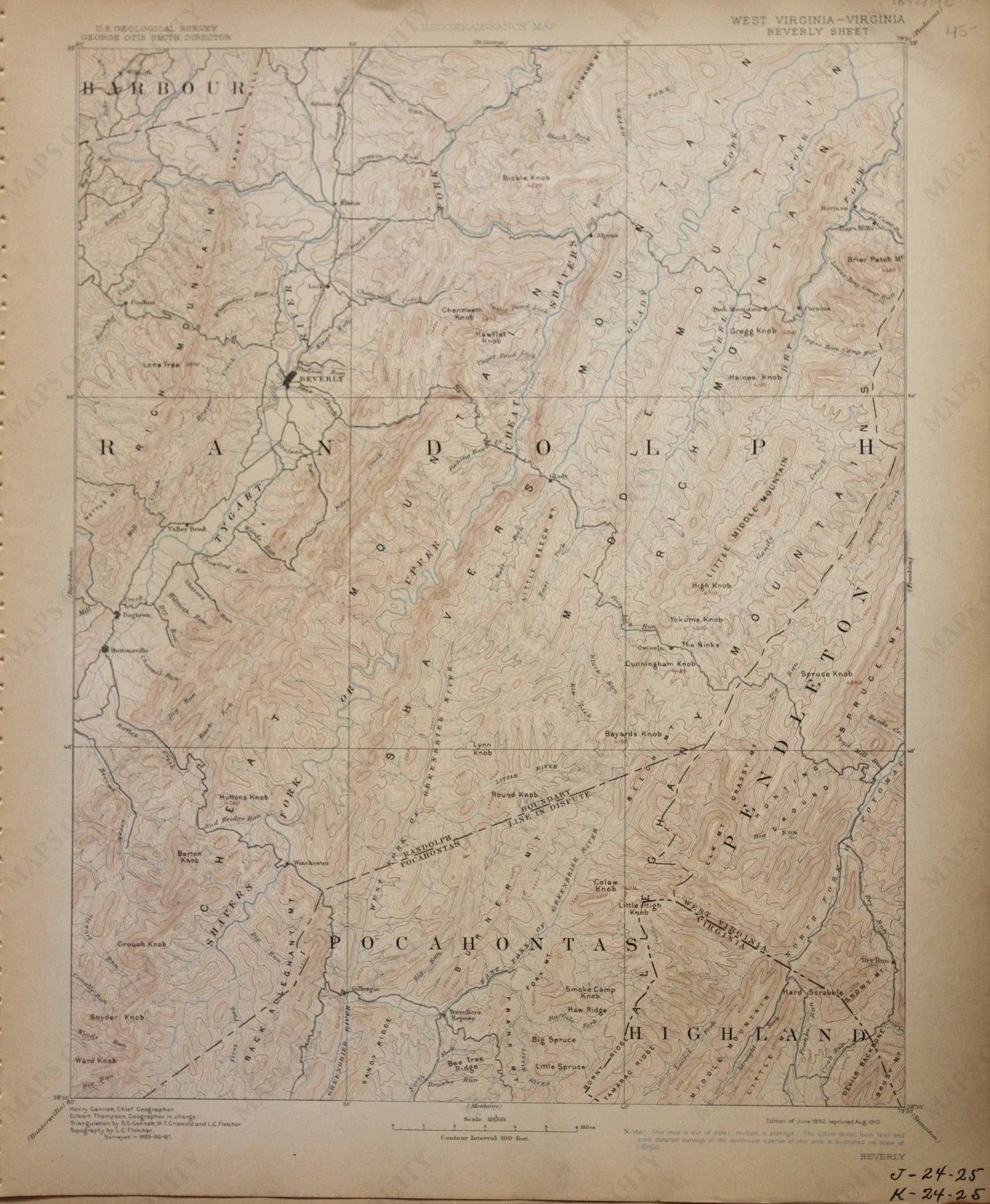 Genuine-Antique-Map-Beverly-West-Virginia-Virginia--1910-U-S-Geological-Survey--Maps-Of-Antiquity