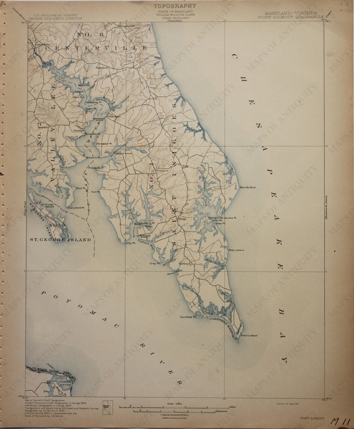 Genuine-Antique-Map-Point-Lookout-Maryland-Virginia--1912-U-S-Geological-Survey--Maps-Of-Antiquity