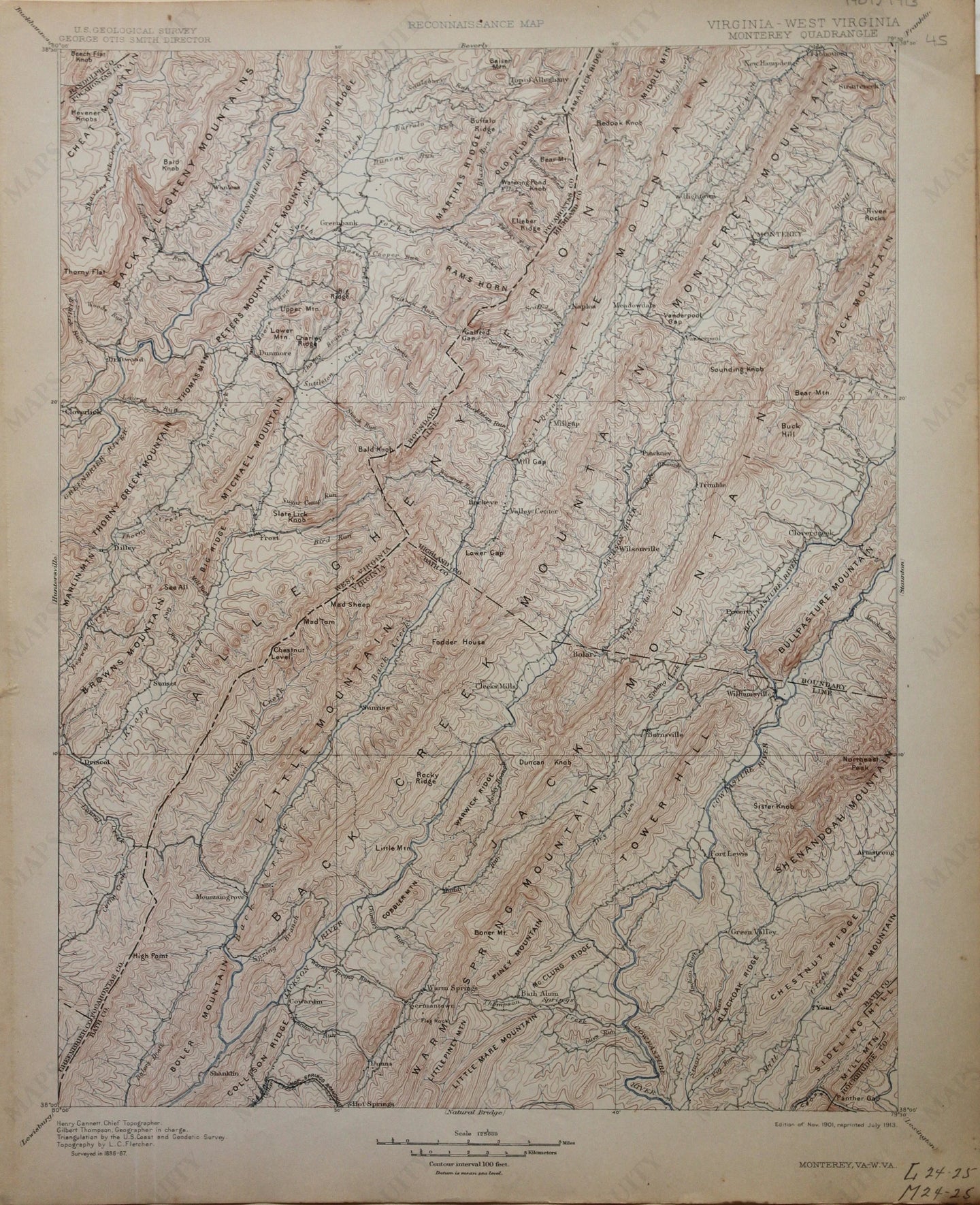 Genuine-Antique-Map-Monterey--Virginia-West-Virginia--1913-U-S-Geological-Survey--Maps-Of-Antiquity