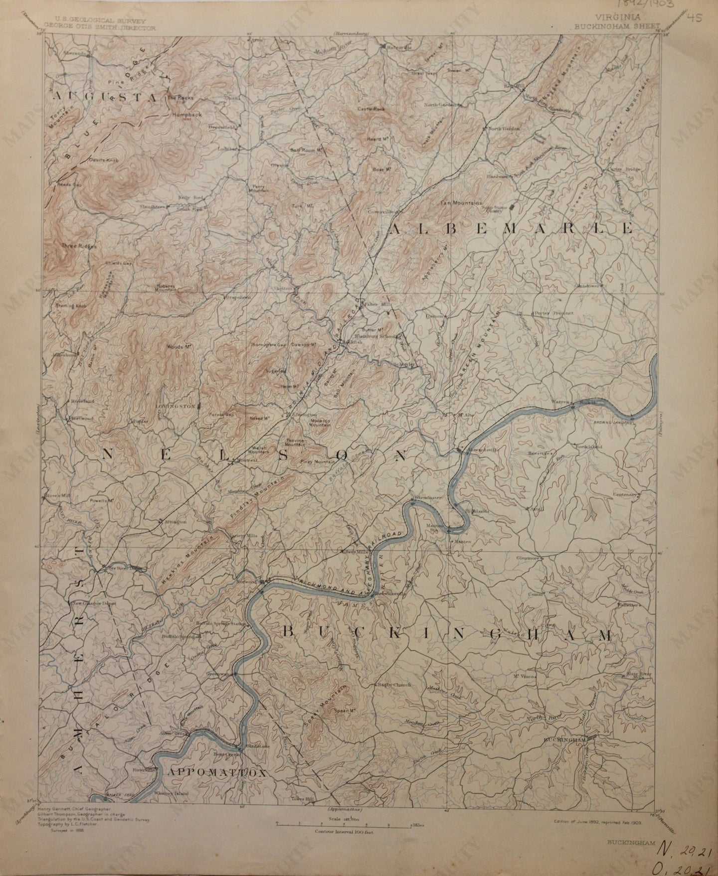 Genuine-Antique-Map-Buckingham-Virginia--1909-U-S-Geological-Survey--Maps-Of-Antiquity