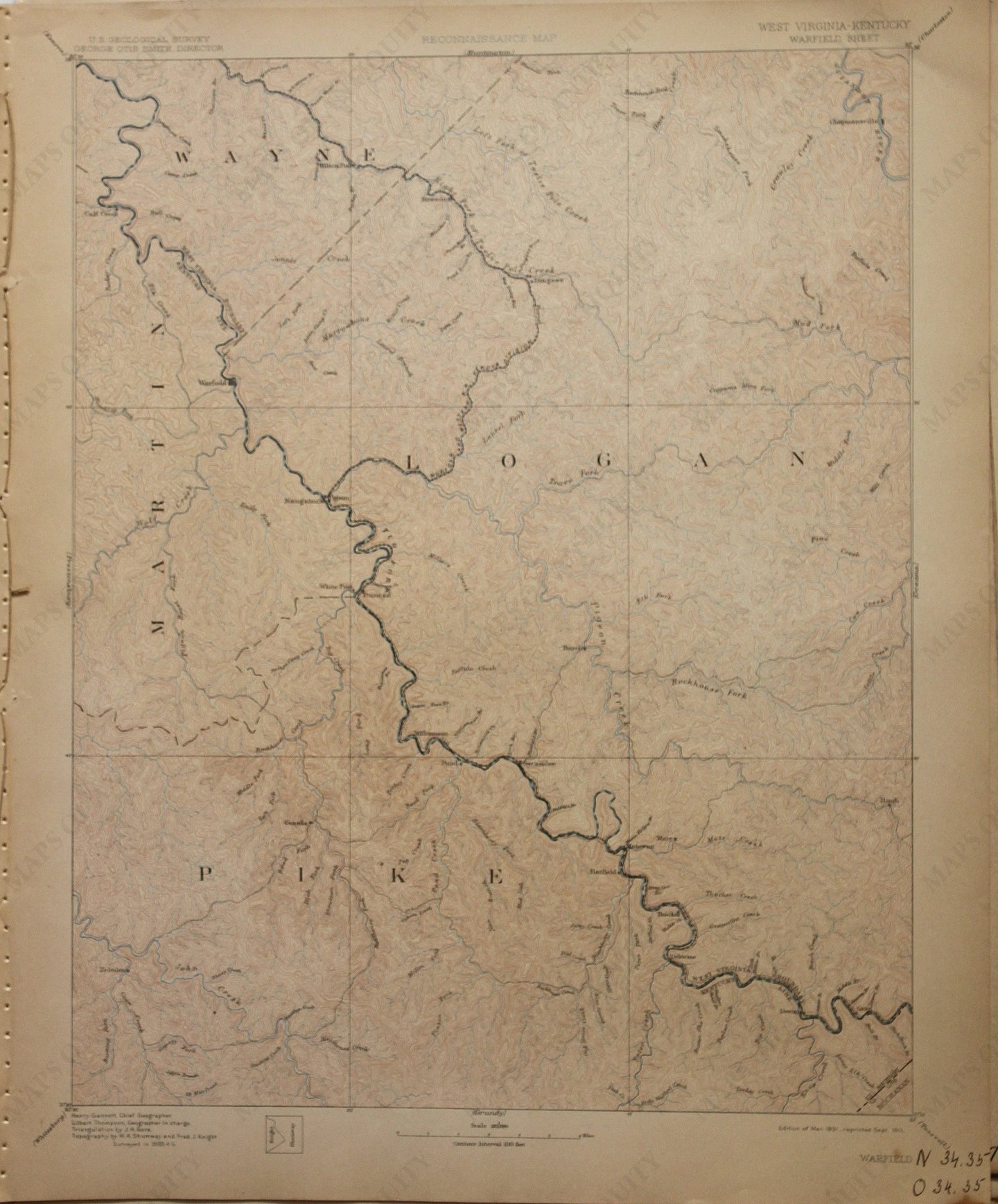 Genuine-Antique-Map-Warfield-West-Virginia-Kentucky--1911-U-S-Geological-Survey--Maps-Of-Antiquity