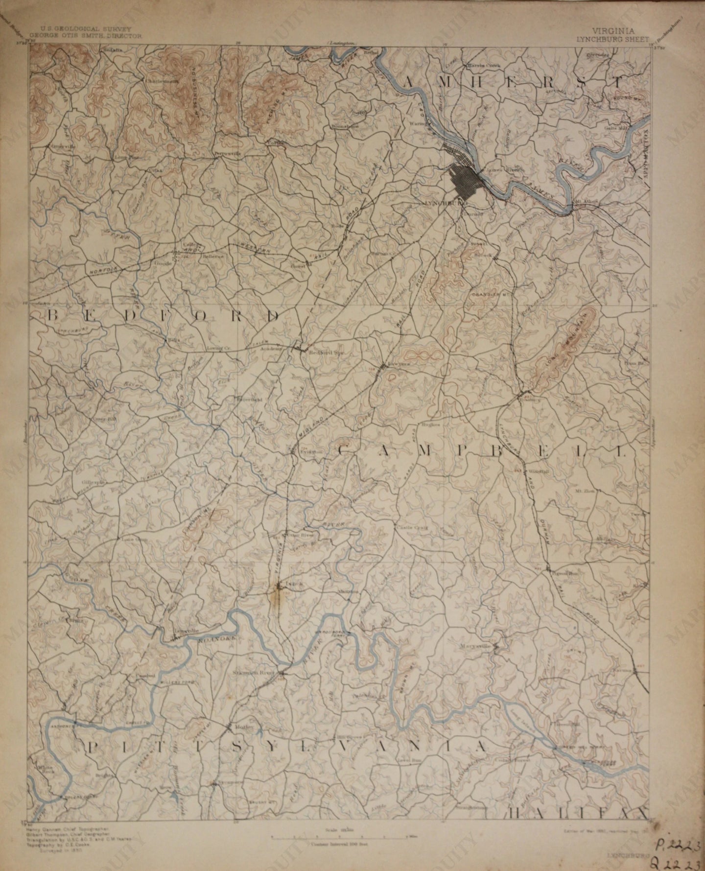 Genuine-Antique-Map-Lynchburg-Virginia--1911-U-S-Geological-Survey--Maps-Of-Antiquity