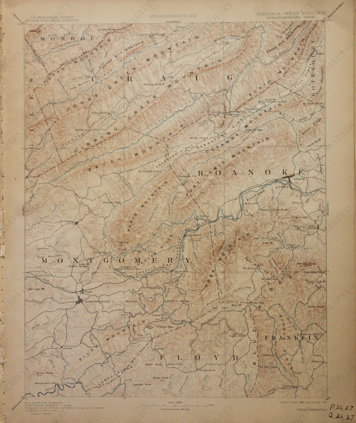 Genuine-Antique-Map-Christiansburg-Virginia-West-Virginia--1912-U-S-Geological-Survey--Maps-Of-Antiquity