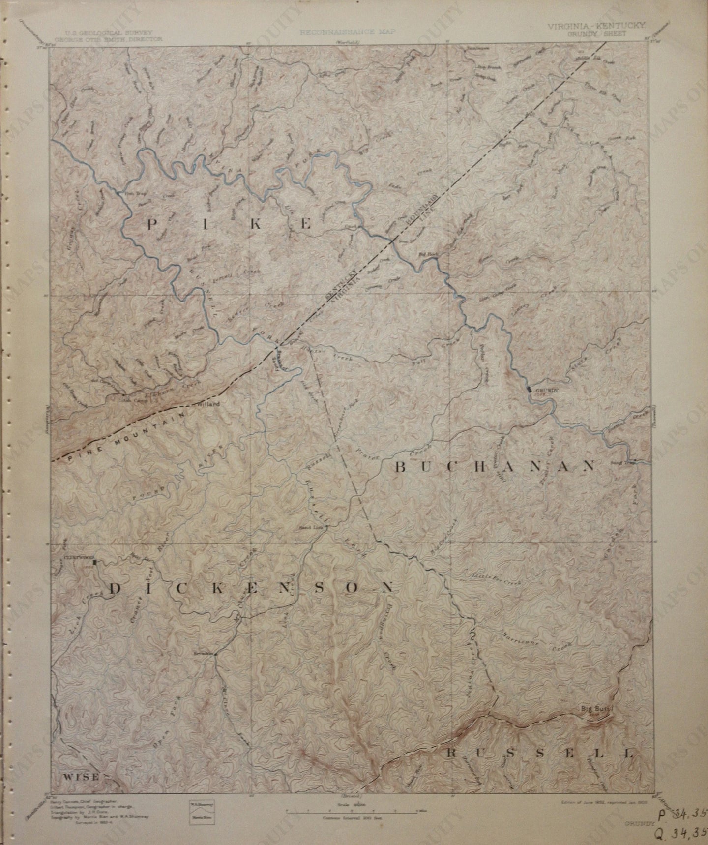 Genuine-Antique-Map-Grundy-Virginia-Kentucky--1909-U-S-Geological-Survey--Maps-Of-Antiquity