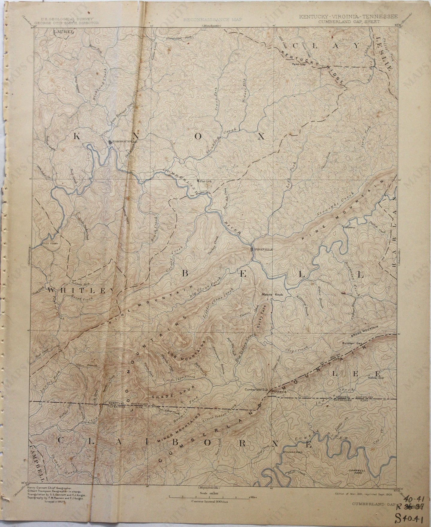 Genuine-Antique-Map-Cumberland-Gap--Kentucky-Virginia-Tennessee--1909-U-S-Geological-Survey--Maps-Of-Antiquity