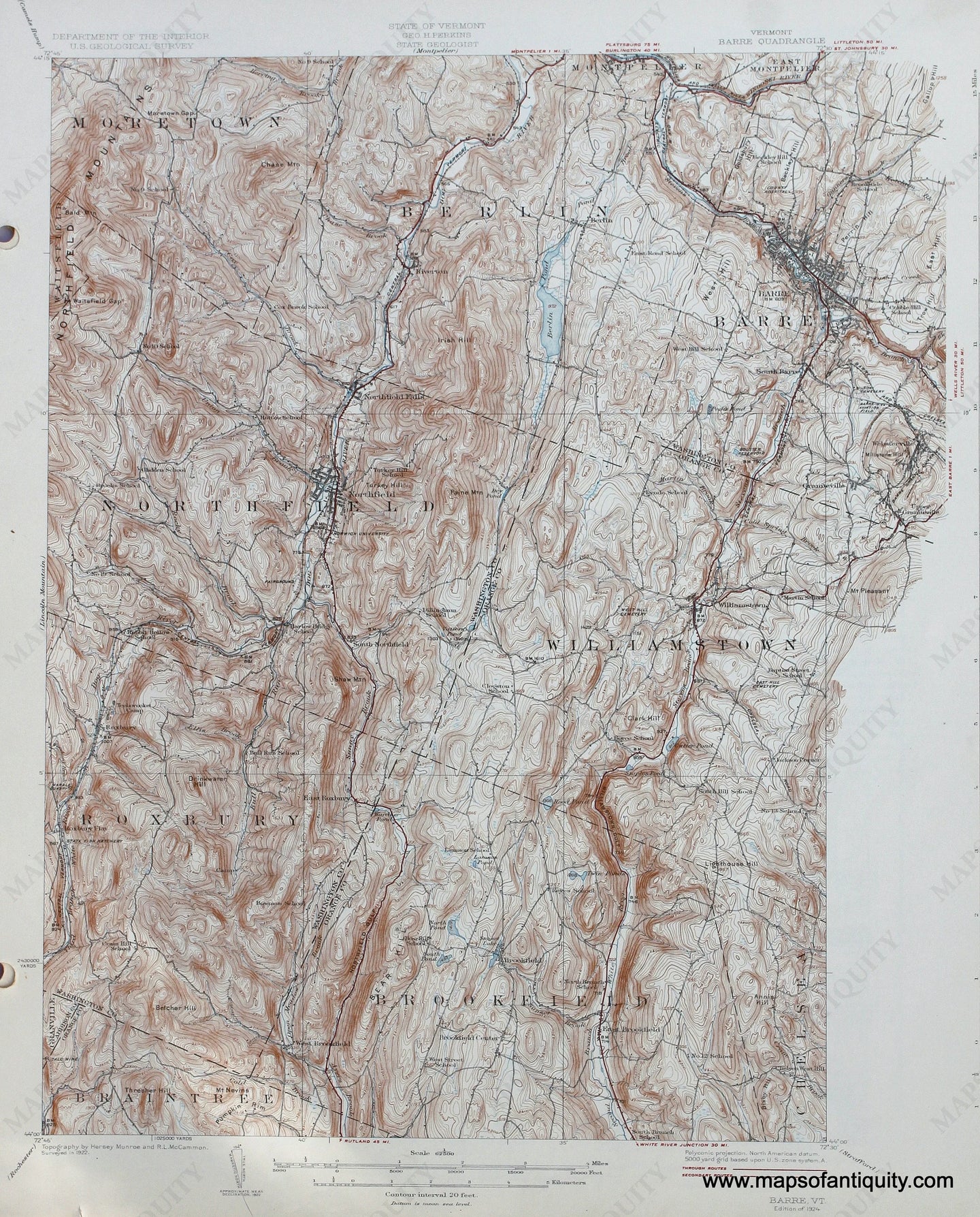 Genuine-Antique-Map-Barre--Vermont--1923-US-Geological-Survey--Maps-Of-Antiquity