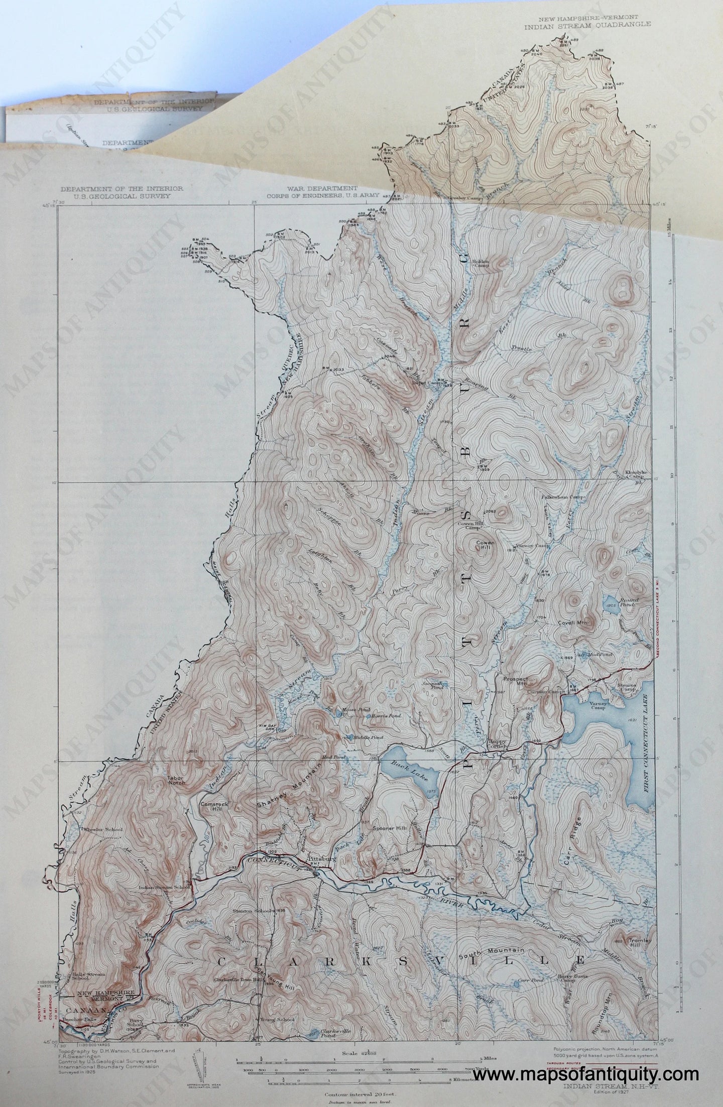 Genuine-Antique-Map-Indian-Stream-New-Hampshire-Vermont--1927-US-Geological-Survey--Maps-Of-Antiquity