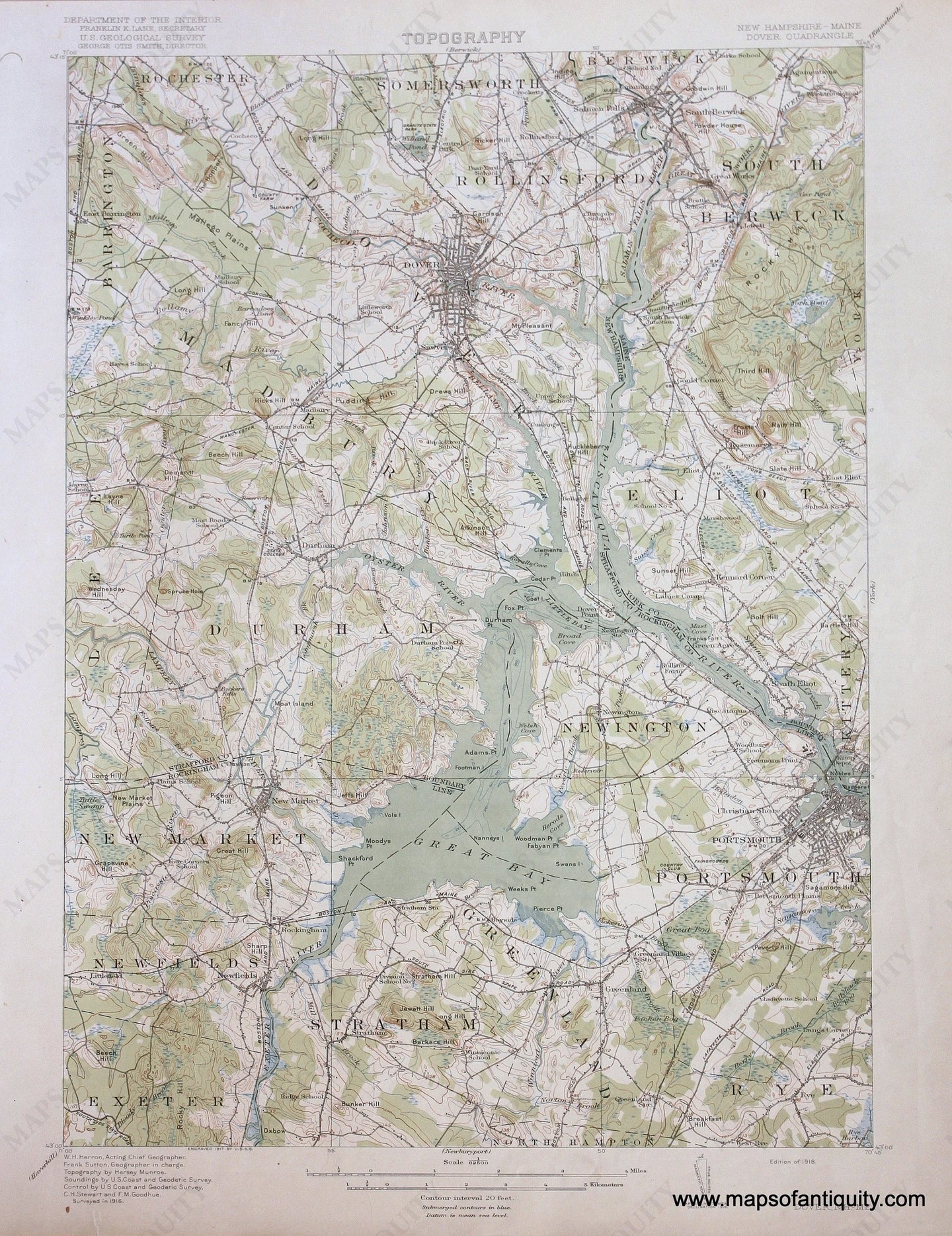 Genuine-Antique-Map-Dover-New-Hampshire-Maine--1918-US-Geological-Survey--Maps-Of-Antiquity