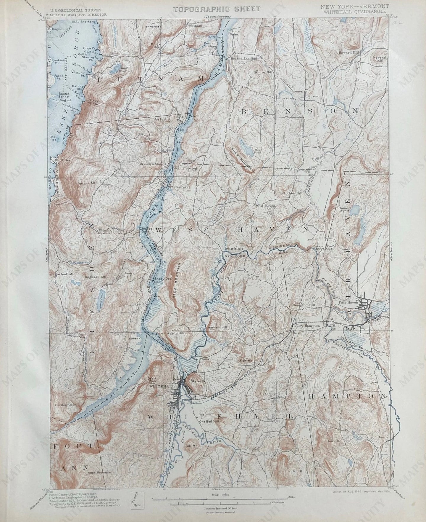 Genuine-Antique-Topographic-map-White-Hall-New-York-Quadrangle-Vermont-Border-NY/VT-Antique-Topo-Map-Antique-Geological-&-Topographical-Maps-Vermont-1901-USGS-Maps-Of-Antiquity-1800s-19th-century