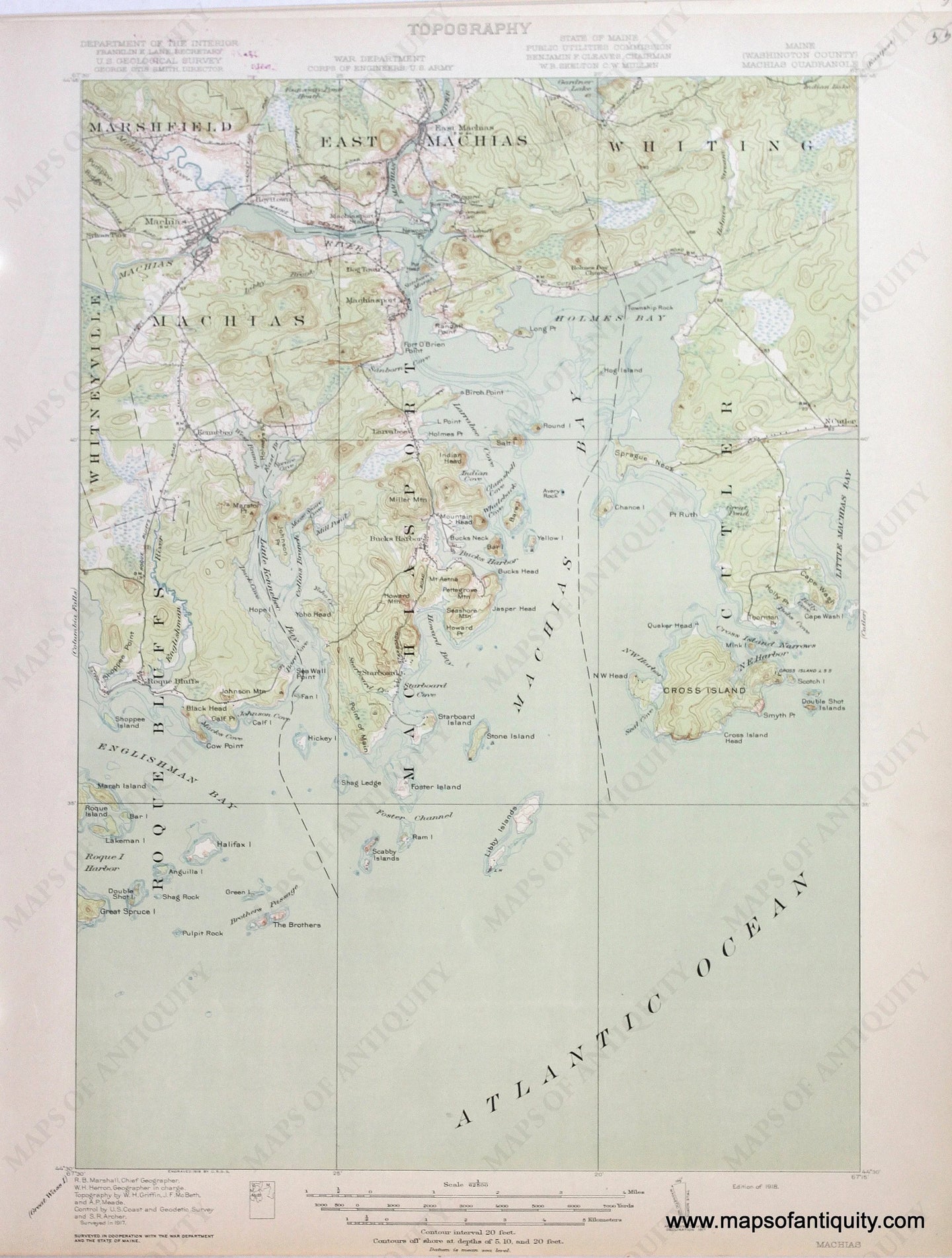 Genuine-Antique-Map-Machias-Maine--1918-US-Geological-Survey--Maps-Of-Antiquity