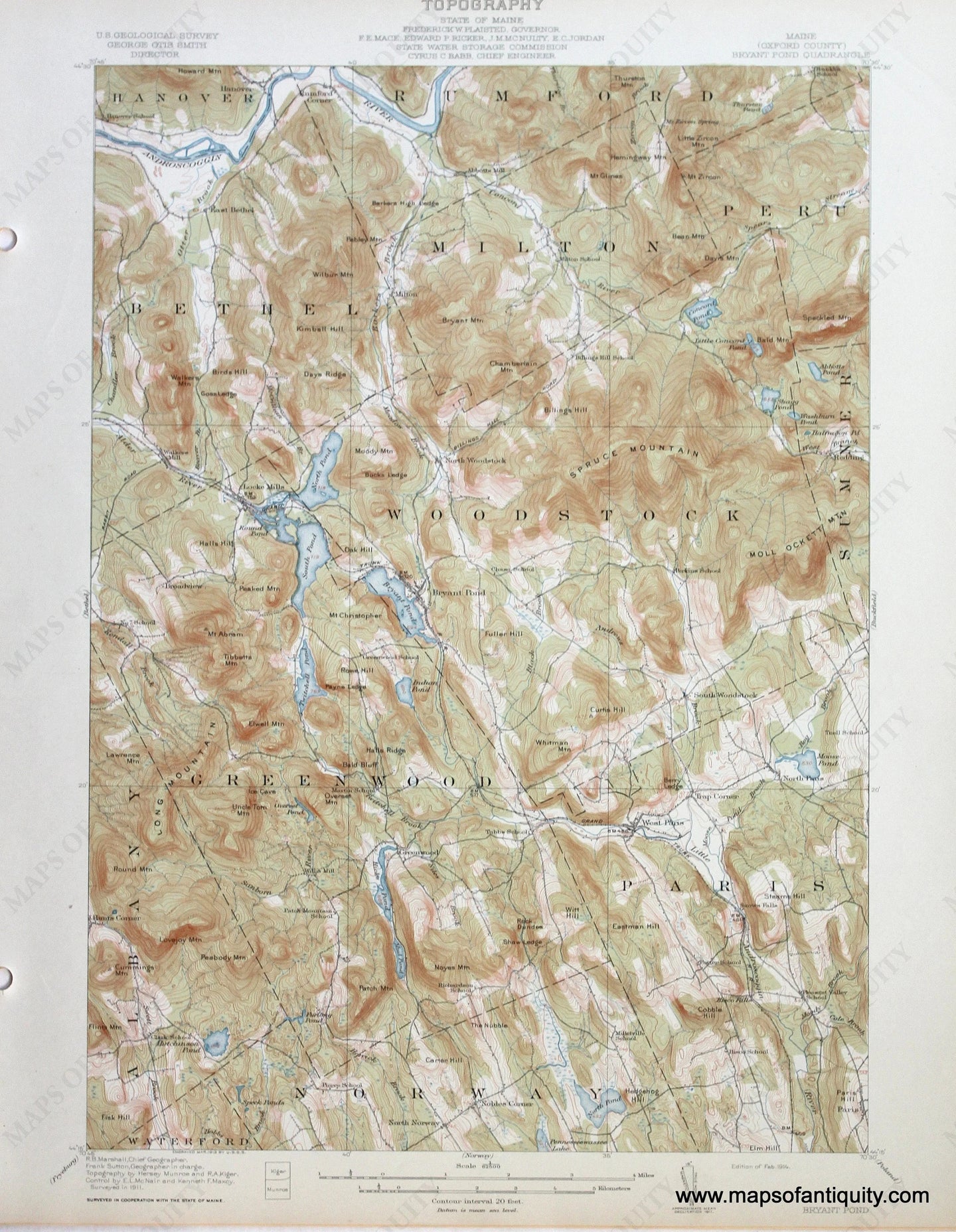 Genuine-Antique-Map-Bryant-Pond--Maine--1914-US-Geological-Survey--Maps-Of-Antiquity