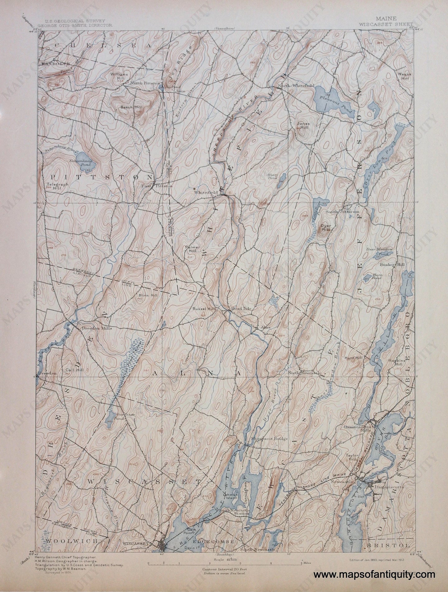 Genuine-Antique-Map-Wiscasset-Maine--1912-US-Geological-Survey--Maps-Of-Antiquity