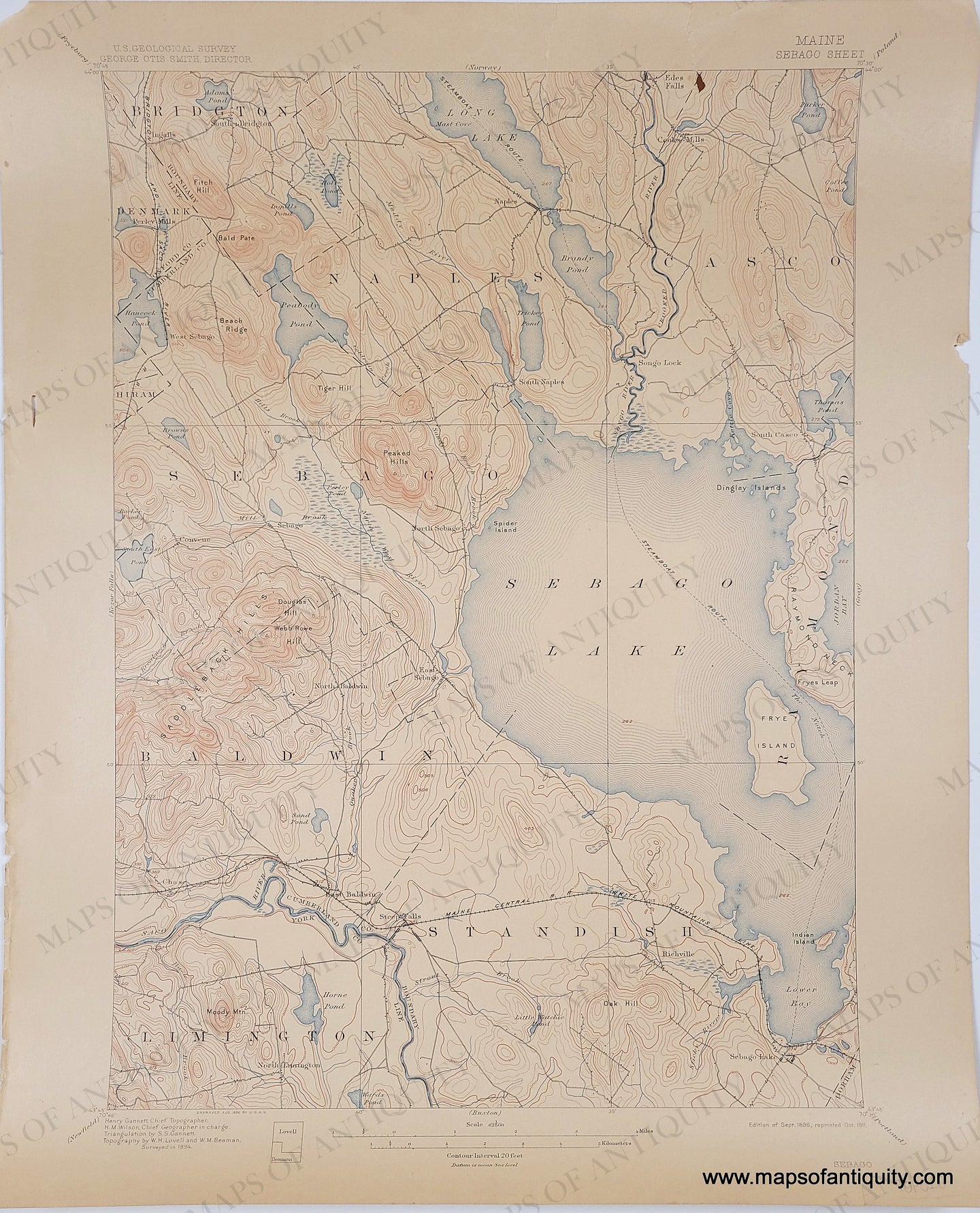 Genuine-Antique-Map-Sebago-Maine--1911-US-Geological-Survey--Maps-Of-Antiquity