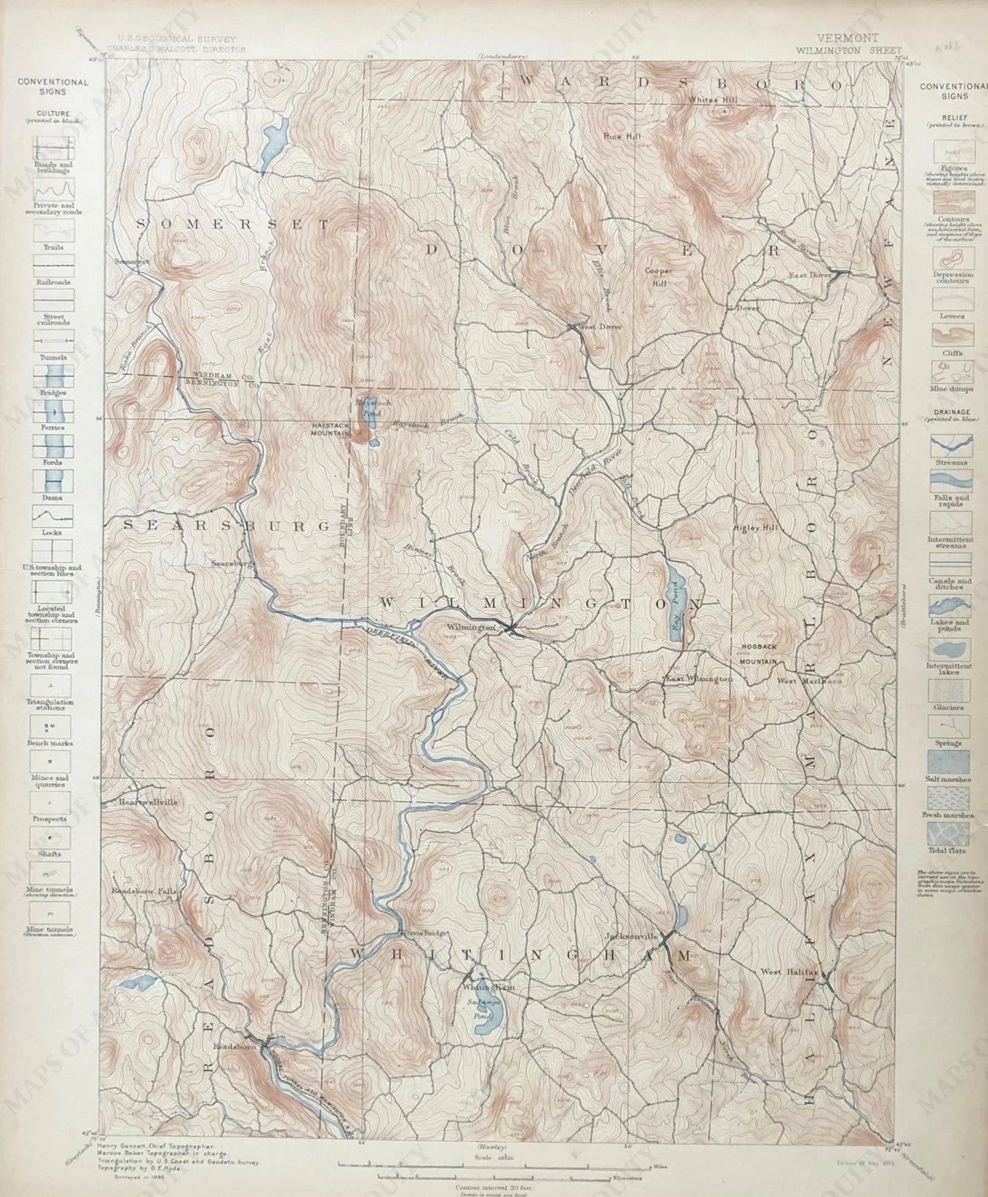 Genuine-Antique-Topographic-map-Vermont-Wilmington-Sheet-VT-Antique-Topo-Map-Antique-Geological-&-Topographical-Maps-Vermont-1899-USGS-Maps-Of-Antiquity-1800s-19th-century