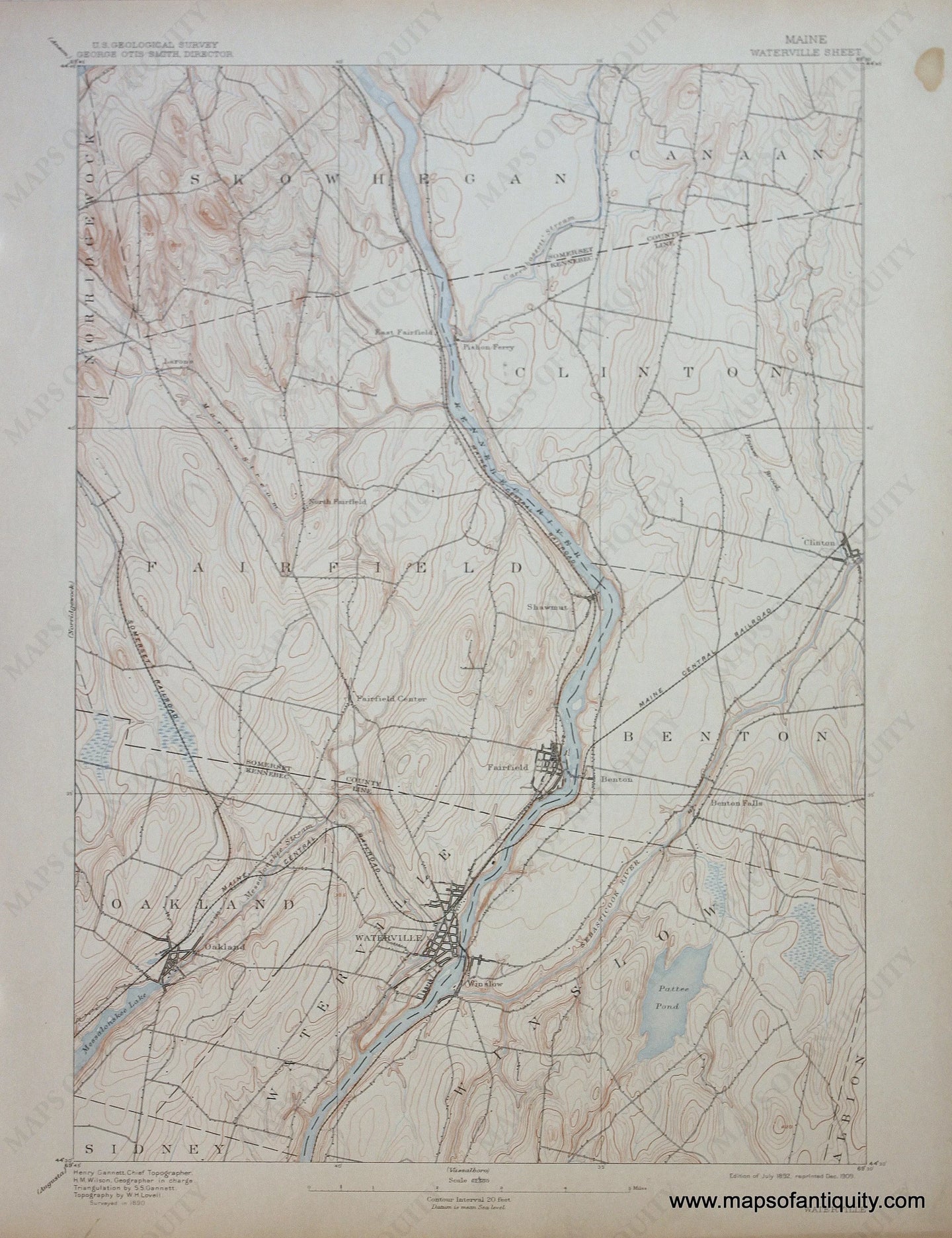 Genuine-Antique-Map-Waterville-Maine--1909-US-Geological-Survey--Maps-Of-Antiquity