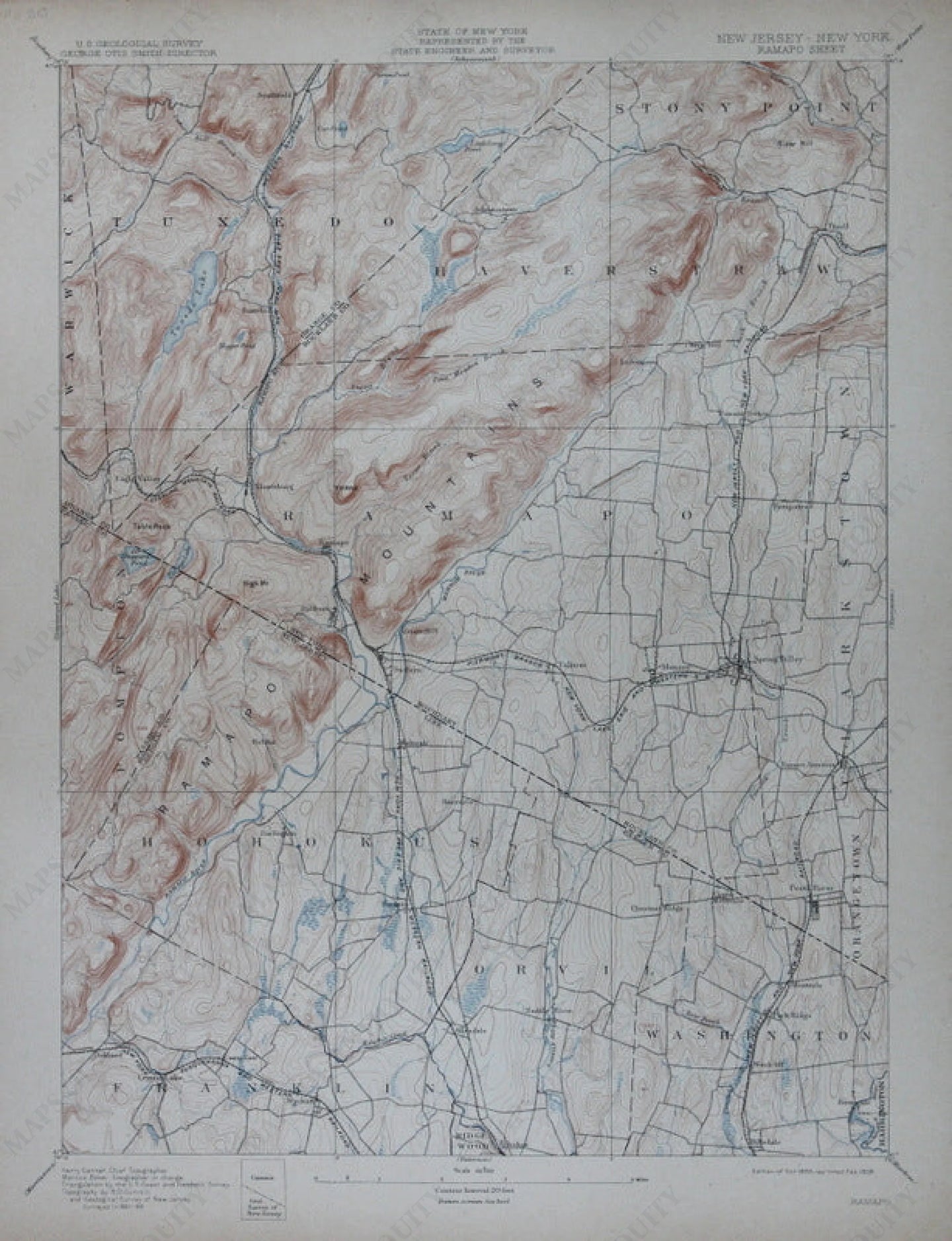 Genuine-Antique-Topographic-Map-Ramapo-New-Jersey-New-York--New-Jersey-New-York--1908-U-S-Geological-Survey--Maps-Of-Antiquity