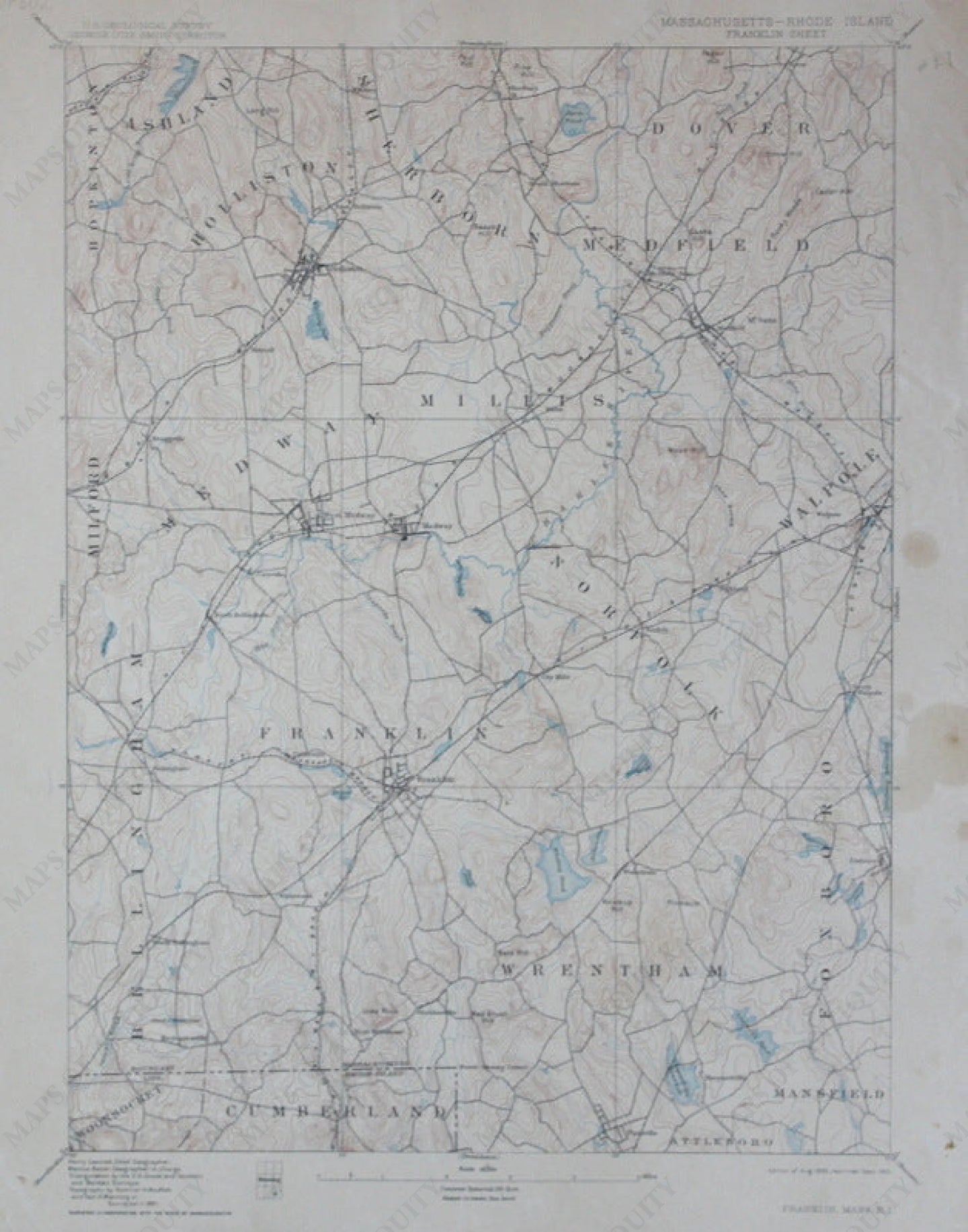 Genuine-Antique-Topographic-Map-Franklin-Massachusetts-Rhode-Island--Massachusetts-Rhode-Island--1910-U-S-Geological-Survey--Maps-Of-Antiquity