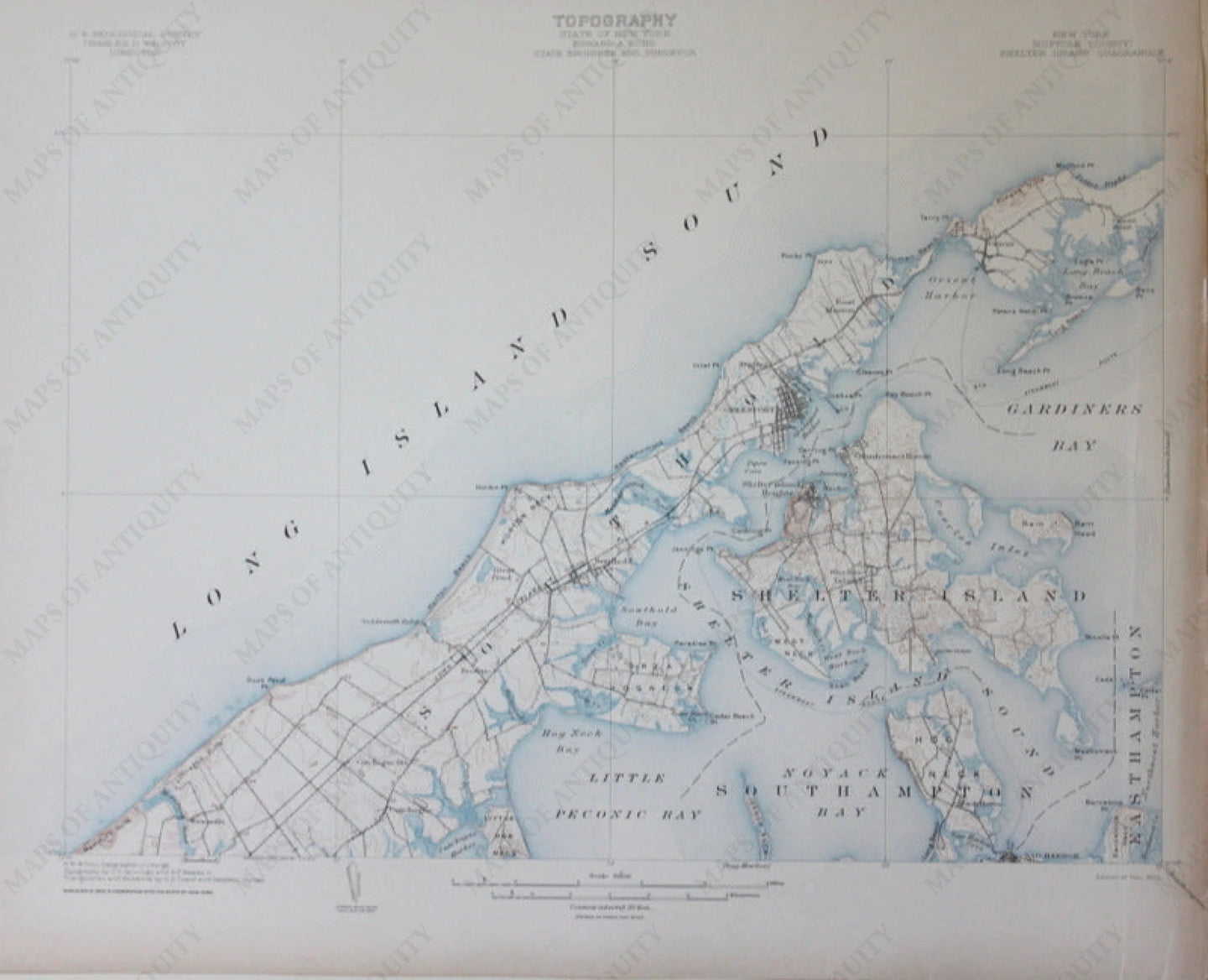 Genuine-Antique-Topographic-Map-Shelter-Island-New-York--New-York--1904-U-S-Geological-Survey--Maps-Of-Antiquity