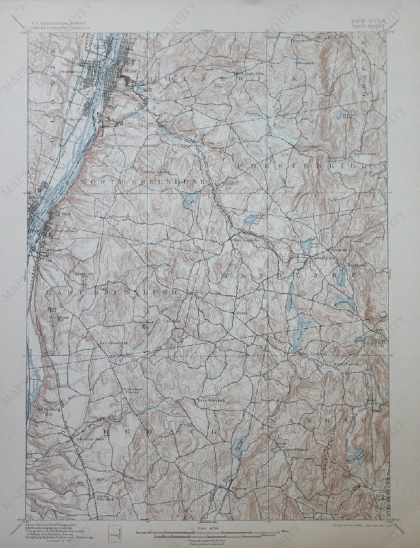 Genuine-Antique-Topographic-Map-Troy-New-York--New-York--1907-U-S-Geological-Survey--Maps-Of-Antiquity