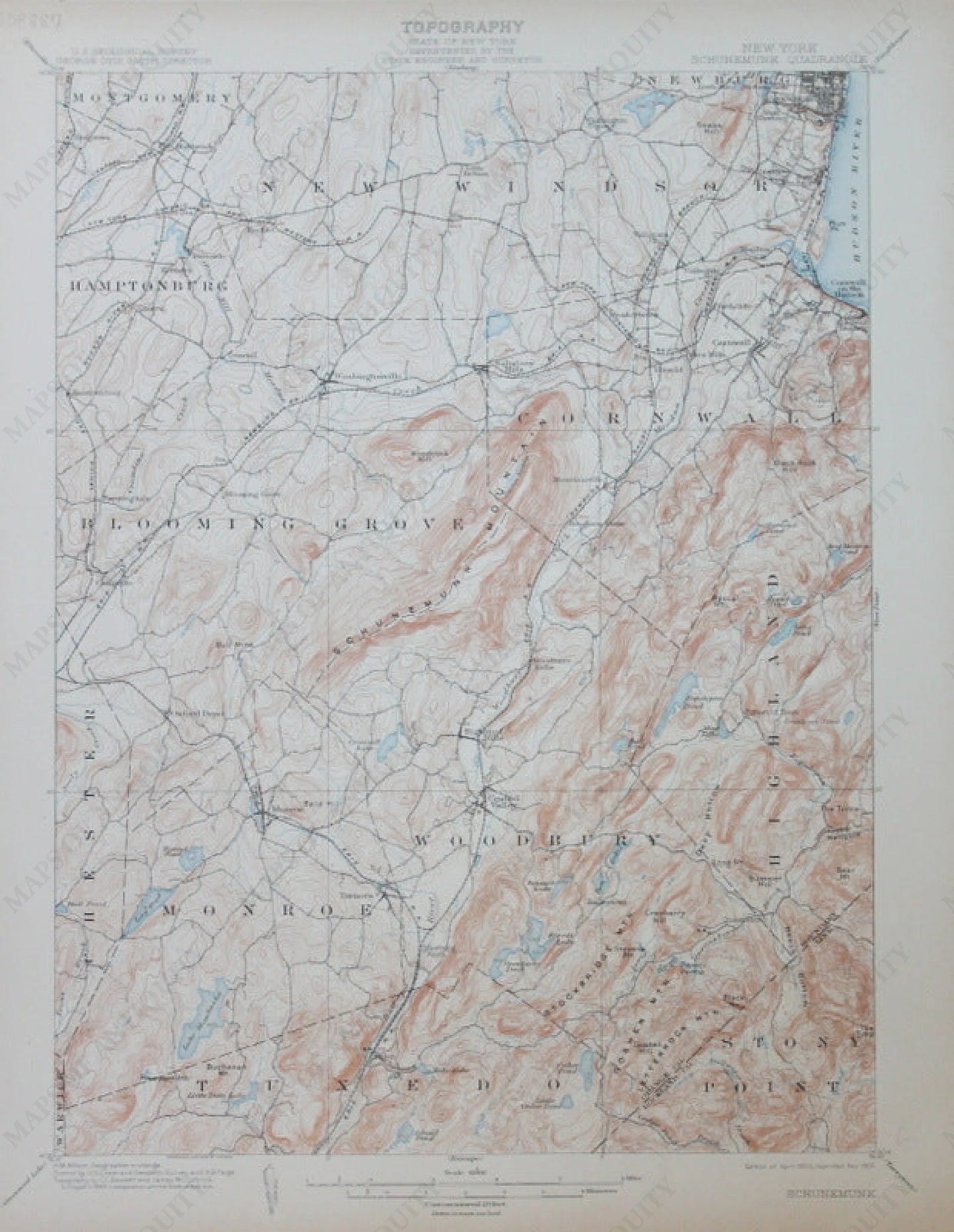 Genuine-Antique-Topographic-Map-Schunemunk-New-York--New-York---1907-U-S-Geological-Survey--Maps-Of-Antiquity