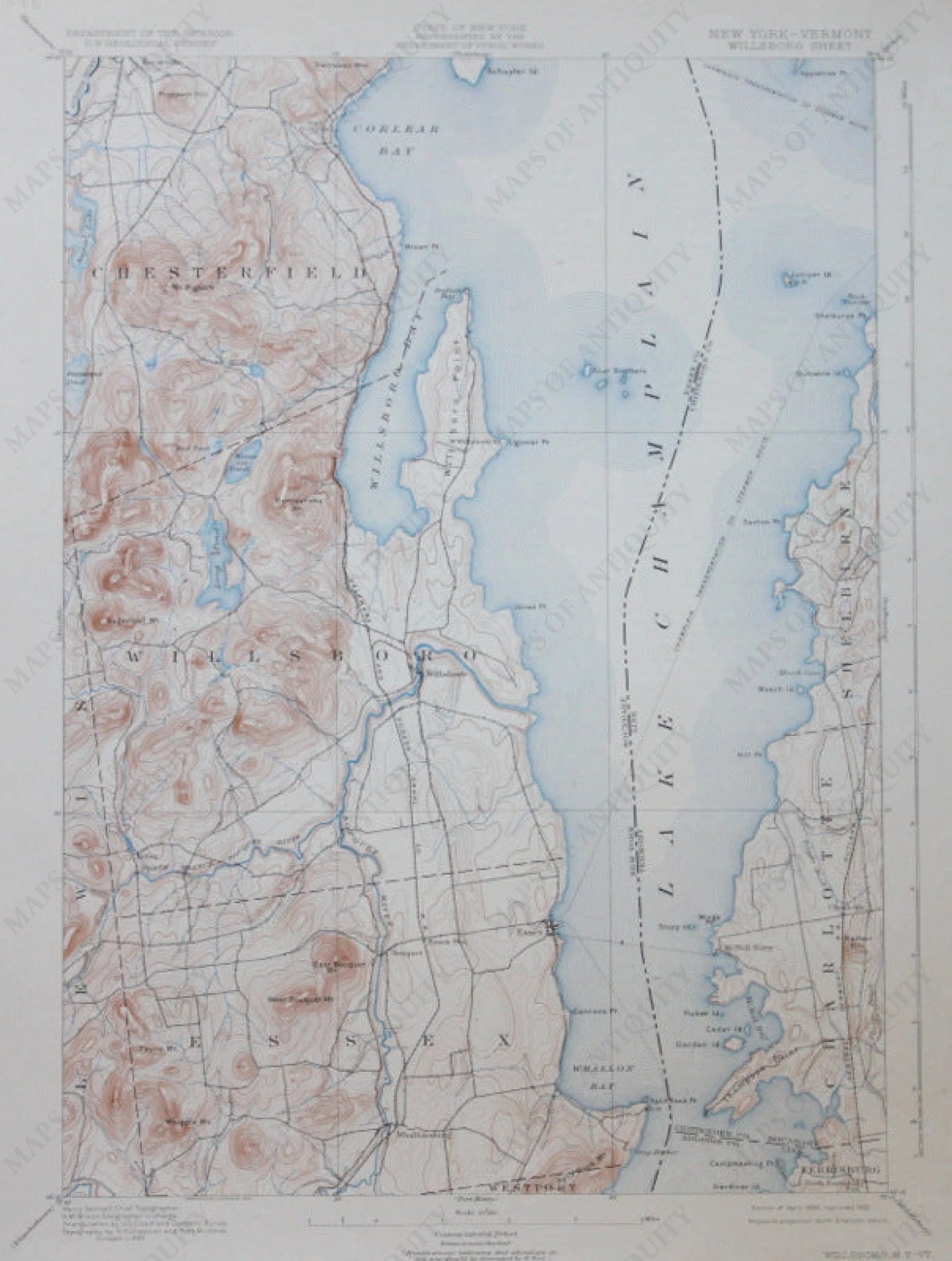 Genuine-Antique-Topographic-Map-Willsboro-New-York-Vermont--New-York-Vermont---1932-U-S-Geological-Survey--Maps-Of-Antiquity