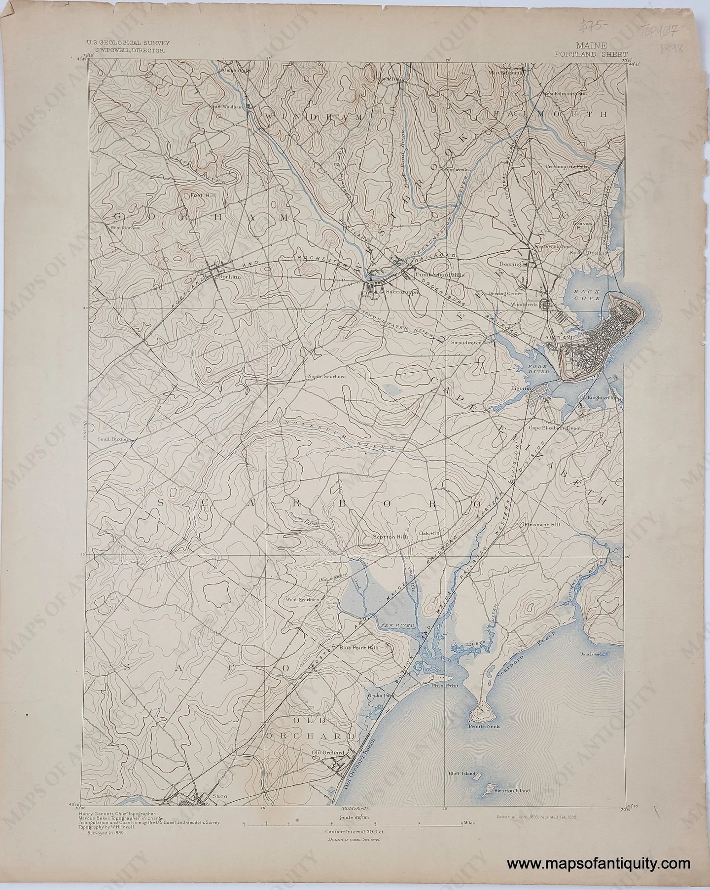 Genuine-Antique-Map-Portland-Sheet---Maine-1898-USGS-U-S-Geological-Survey-Maps-Of-Antiquity