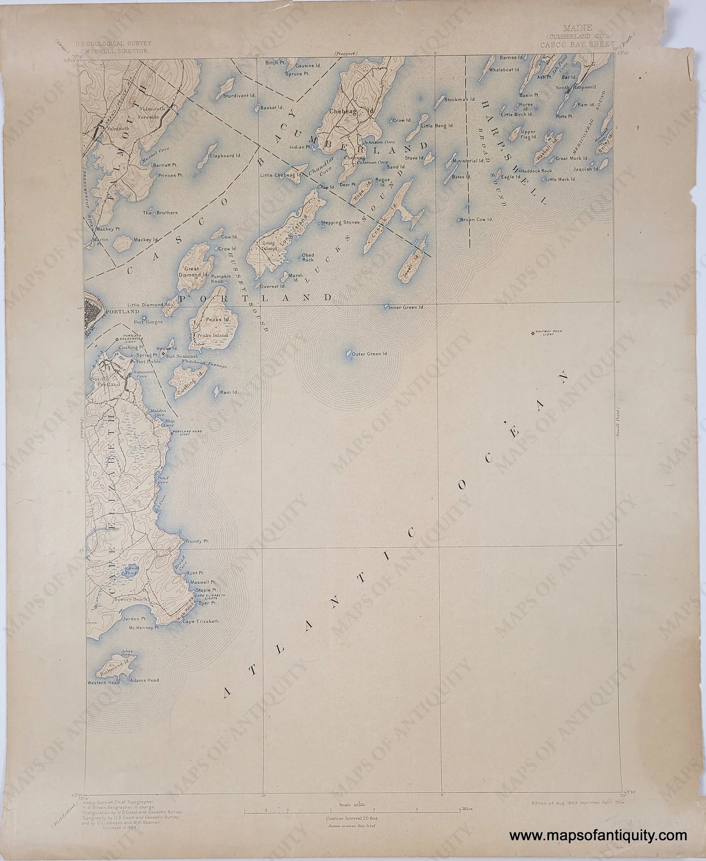 Genuine-Antique-Map-Casco-Bay-Sheet--Cumberland-Co--Maine-1904-USGS-U-S-Geological-Survey-Maps-Of-Antiquity