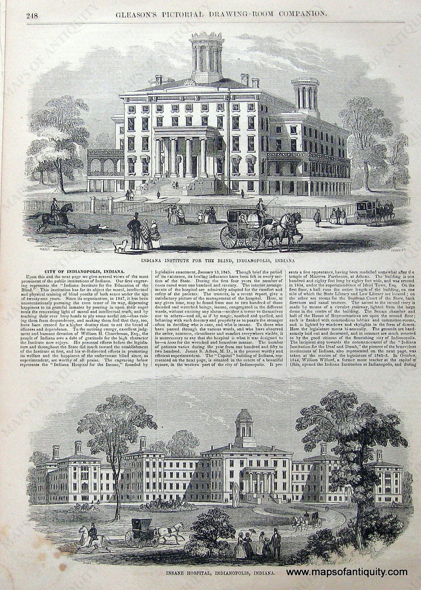 Black-and-White-Antique-Illustration-Indiana-Institute-for-the-Blind-Indianapolis-Indiana-and-Insane-Hospital-Indianapolis-Indiana.-Towns-and-Cities-Indiana-c.-1880-Gleason's-Maps-Of-Antiquity