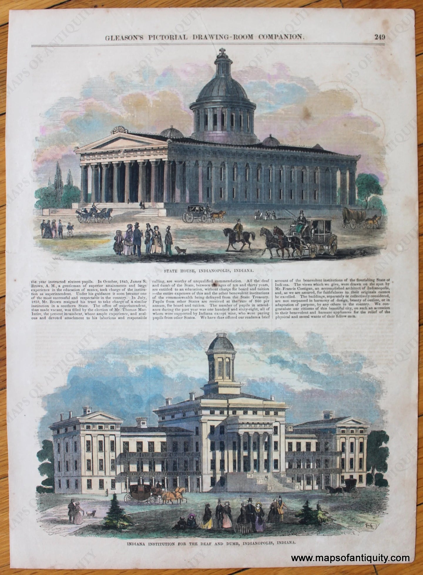 Black-and-White-Antique-Illustration-State-House-Indianapolis-Indiana-and-Indiana-Institution-for-the-Deaf-and-Dumb-Indianapolis-Indiana.-Towns-and-Cities-Indiana-c.-1880-Gleason's-Maps-Of-Antiquity