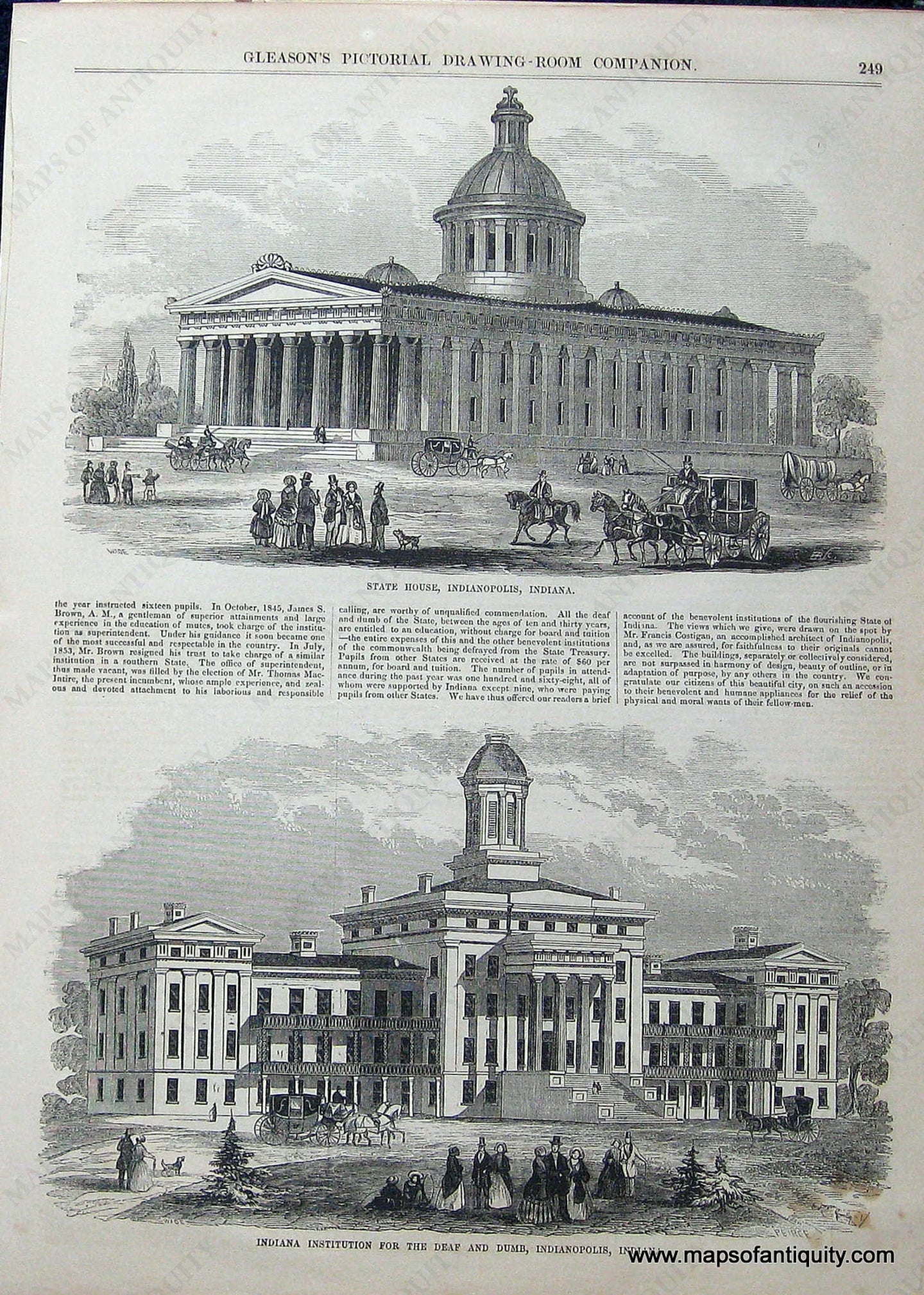 Black-and-White-Antique-Illustration-State-House-Indianapolis-Indiana-and-Indiana-Institution-for-the-Deaf-and-Dumb-Indianapolis-Indiana.-Towns-and-Cities-Indiana-c.-1880-Gleason's-Maps-Of-Antiquity