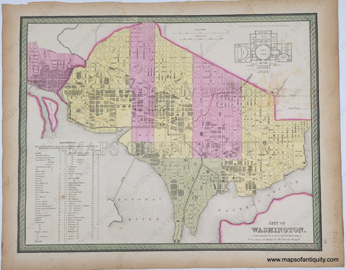 Antique Map with original hand-coloring in tones of green, yellow, peach, and pink. 
Antique-Hand-Colored-Map-City-of-Washington-Towns-and-Cities-United-States-1849-Mitchell-Maps-Of-Antiquity