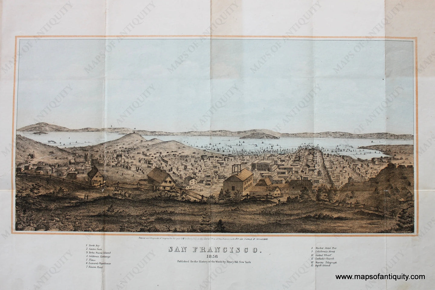 Antique-Illustrated-Bird's-Eye-City-View-with-Printed-Color-San-Francisco.-1856-Published-for-the-History-of-the-World-by-Henry-Bill-New-York.**********-San-Francisco--1880-Henry-Bill-Maps-Of-Antiquity