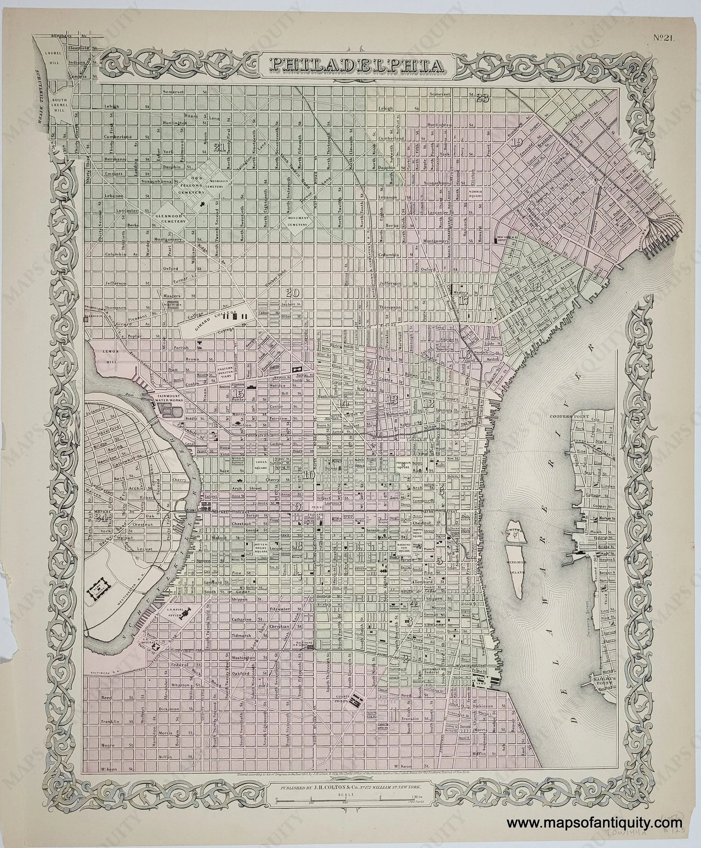 Antique map of Philadelphia, hand-colored, published by Colton, entered according to Act of Congress in the year 1855, colored by ward, with street names, Delaware River on the right and Schuylkill River on the left, Girard College. 1800s, 19th century, Maps of Antiquity