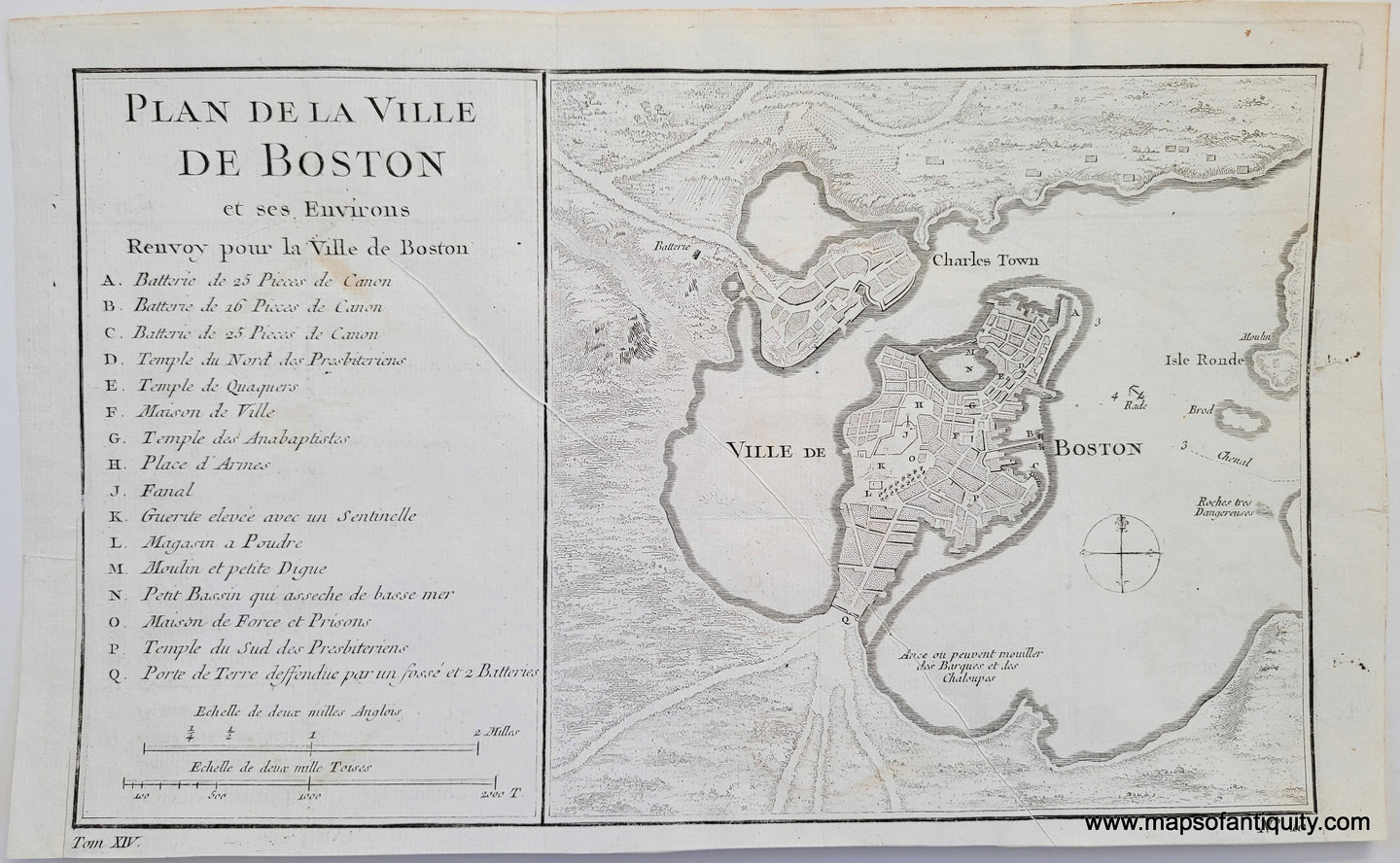 Antique-Map-Plan-de-la-Ville-de-Boston-et-ses-Environs-City-Boston-Massachusetts-Mass-MA-Early-Bellin-1760s-1700s-Mid-18th-Century-Maps-of-Antiquity