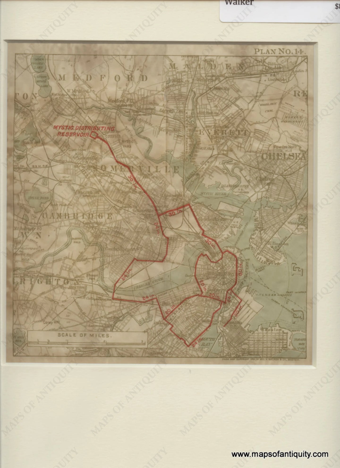 Antique-Printed-Color-Map-Plan-No.-14-Boston-with-Mystic-Distributing-Reservoir-US-Massachusetts-Boston-1894-Walker-Maps-Of-Antiquity