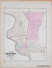 Load image into Gallery viewer, Antique map of the City of Reading, Pennsylvania from 1872, Antique map with original color in tones of pink, green, yellow, and orange.  
