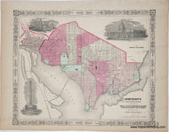 Old map of Washington D.C. with with original color in tones of pink, green, yellow, and orange. Antique-Map-Johnson's-Georgetown-City-Washington-DC-District-of-columbia-1866-1860-1800-19th-century