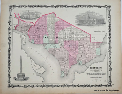 antique map of the city of Washington DC s it was in 1863. colored by ward or district in antique tones of pink, yellow, and peach with green for parks and public spaces. three illustrated views of buildings including the original plan for the Washington Monument.