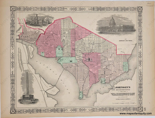 antique map of the city of Washington DC s it was in 1863. colored by ward or district in antique tones of pink, yellow, and peach with green for parks and public spaces. three illustrated views of buildings including the original plan for the Washington Monument.