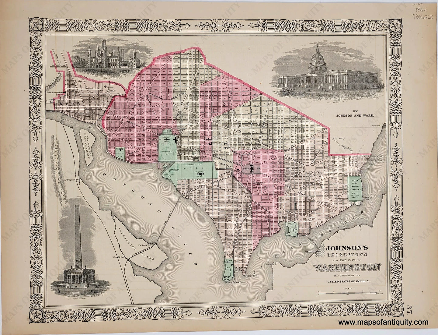 antique map of the city of Washington DC s it was in 1863. colored by ward or district in antique tones of pink, yellow, and peach with green for parks and public spaces. three illustrated views of buildings including the original plan for the Washington Monument.