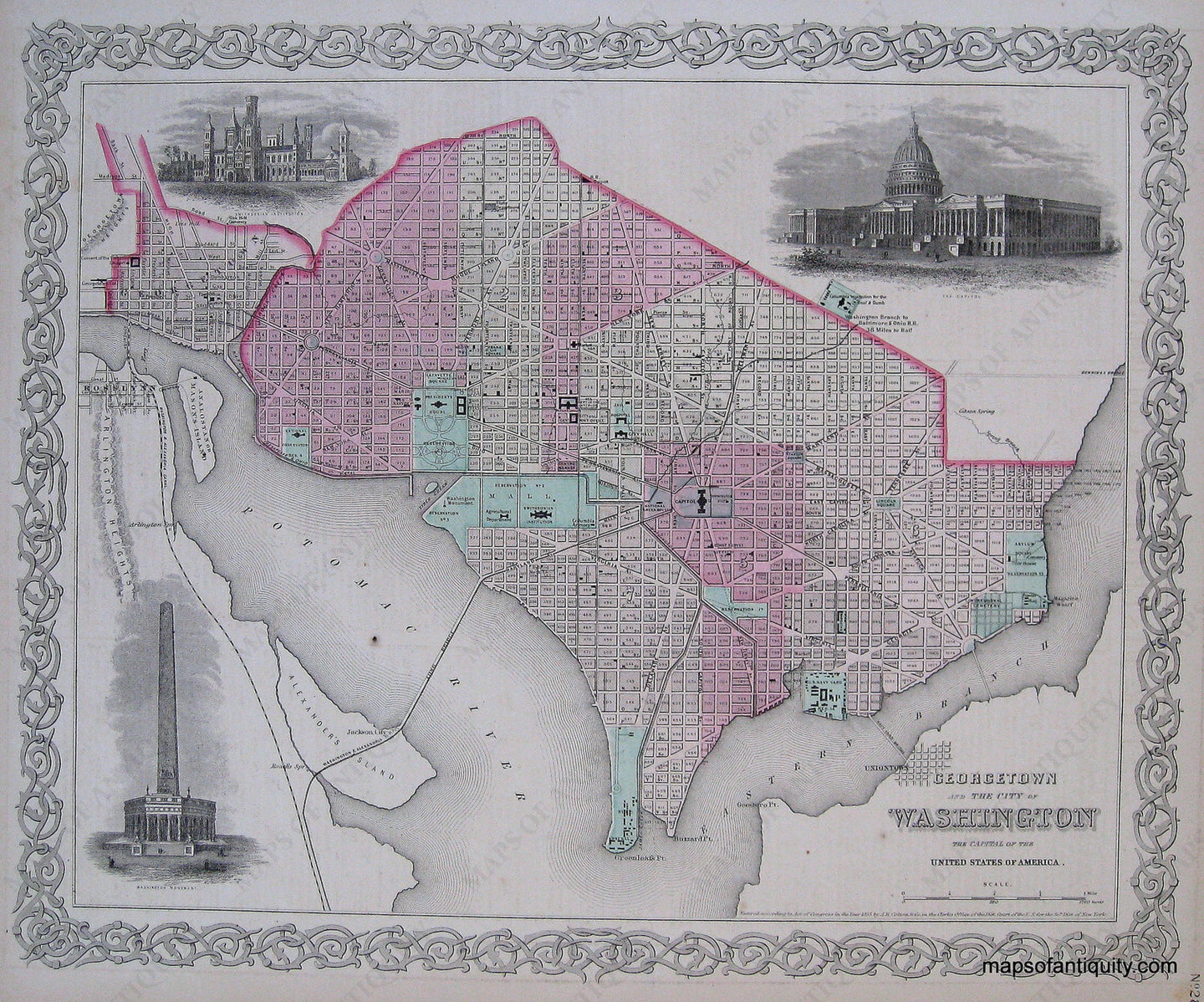 Hand-Colored-Antique-City-Plan-Colton's-Georgetown-and-the-City-of-Washington****-Towns-and-Cities-Washington-DC-1871-Colton-Maps-Of-Antiquity