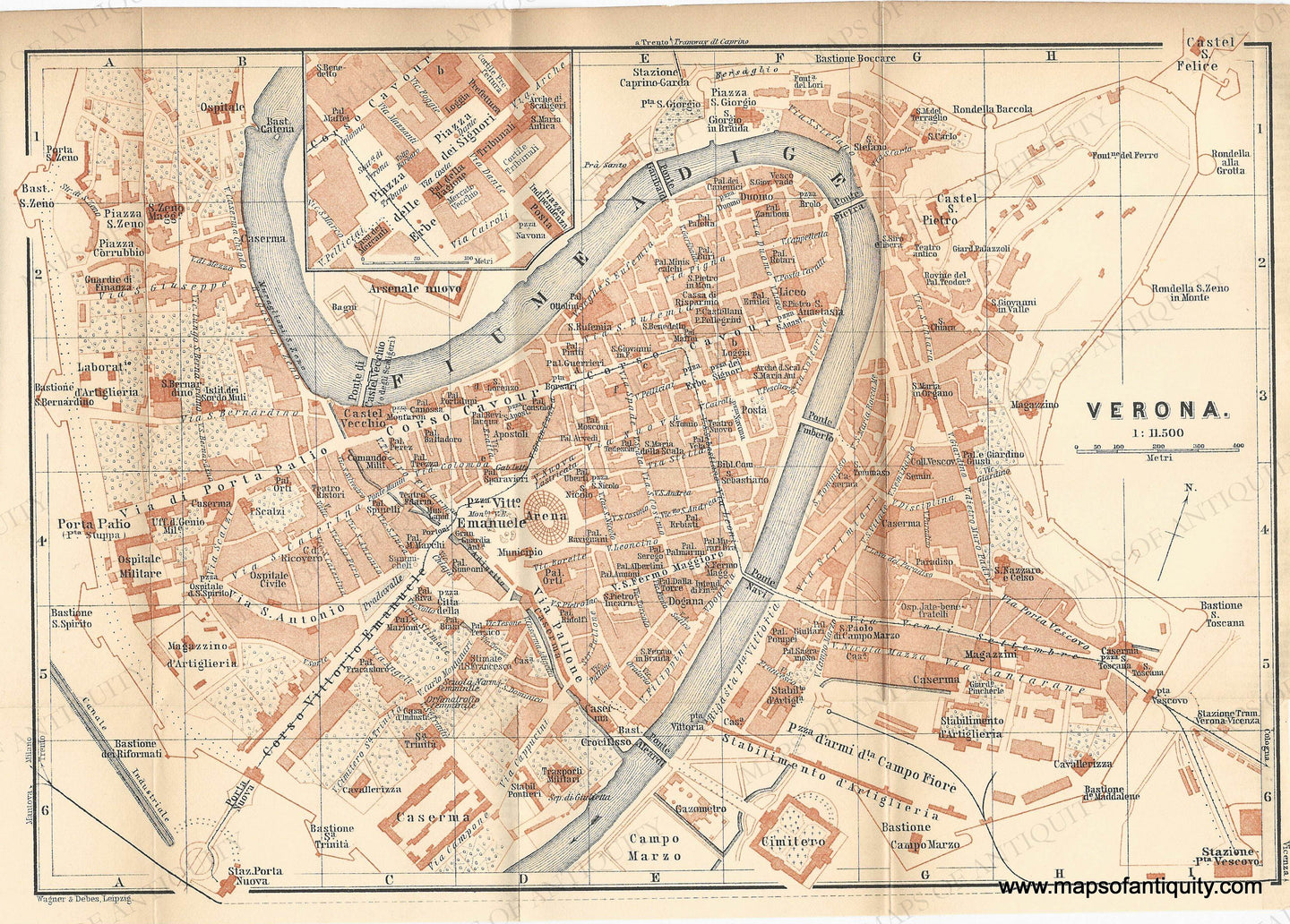 Antique map of Verona italy with detailed street layout and landmarks. original printed color in muted orange tone