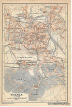 Load image into Gallery viewer, Antique map of Vicenza, Italy with labeled streets and landmarks. Printed color dark red orange
