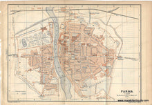 Load image into Gallery viewer, antique map of Parma with labeled streets and landmarks. dark red orange color printing with black and white

