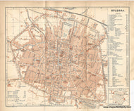 Antique map of Bologna Italy with detailed street layout and labels. original printed color in a muted orange tone.